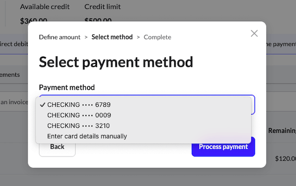 Select payment method pop-up with active Payment method dropdown.