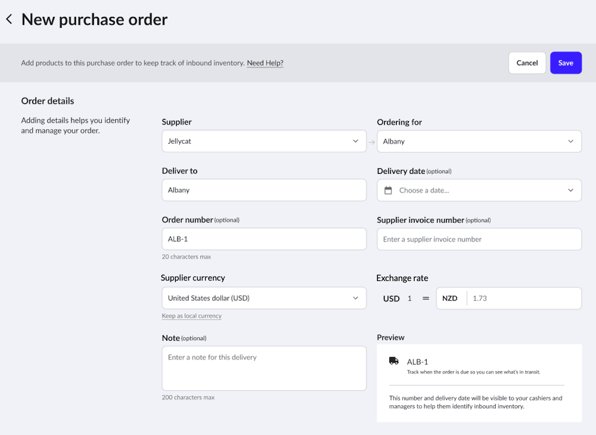 La page Nouveau bon de commande affiche le menu déroulant Devise du fournisseur et le champ Taux de change.