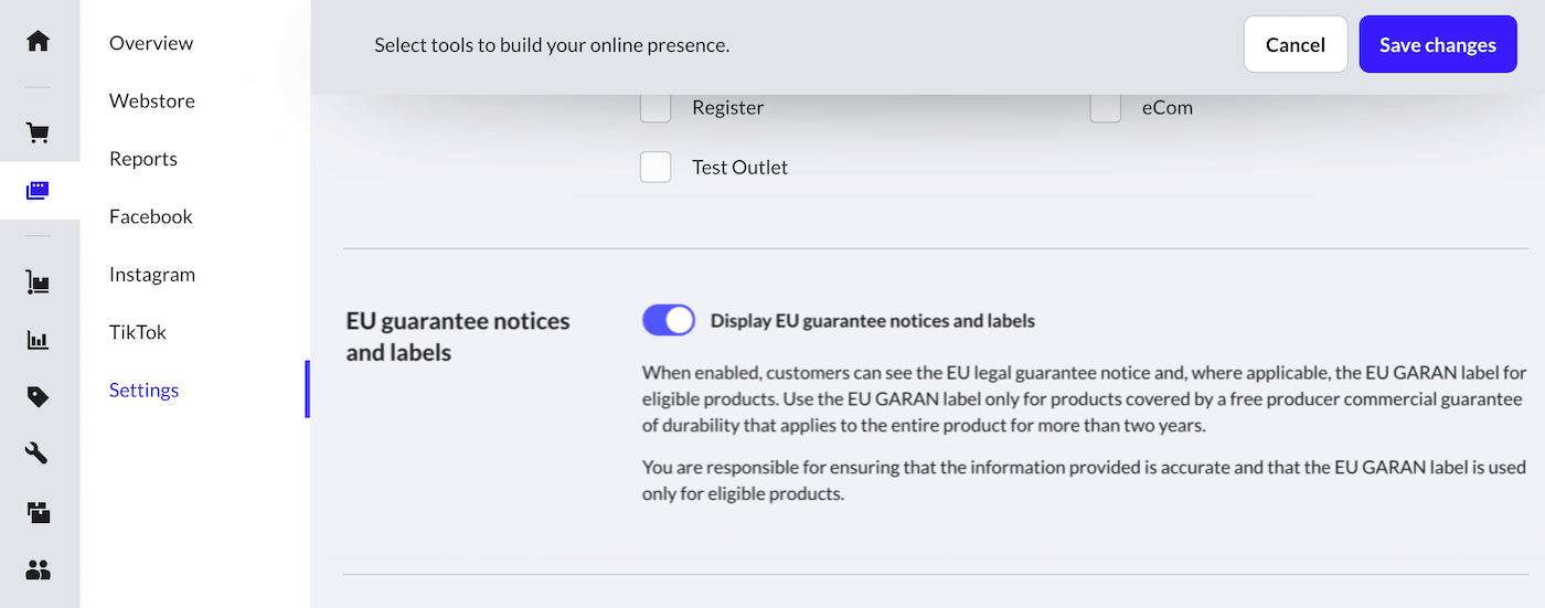 Gedeelte met EU-kennisgevingen over garantie en labels waarin de optie 'EU-kennisgevingen over garantie en labels weergeven' is ingeschakeld.