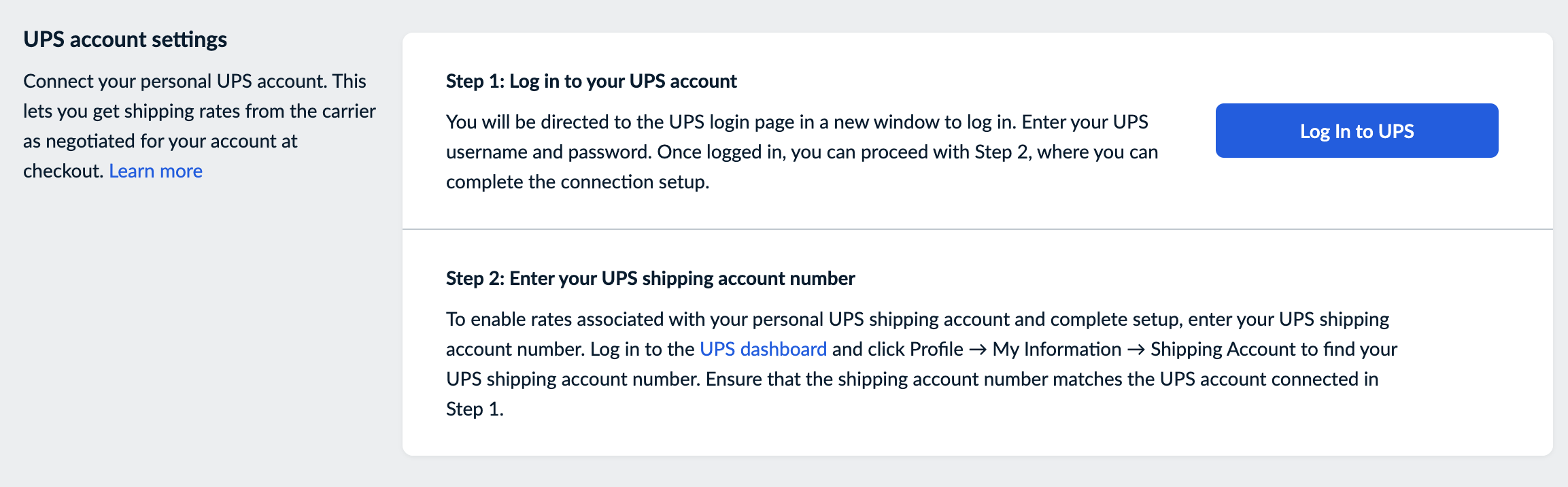 The UPS account settings block