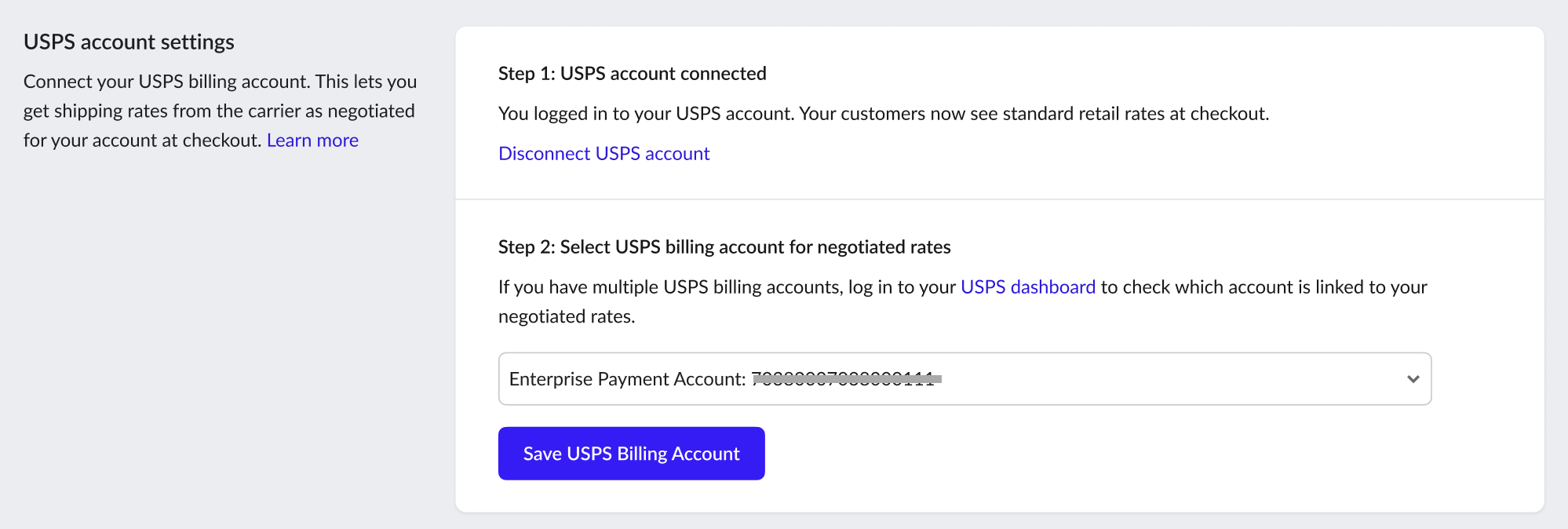 Choosing a USPS billing account
