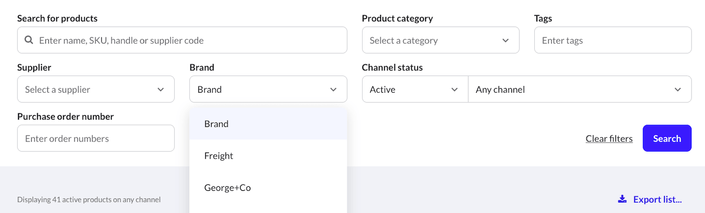 Product page search with Brand dropdown open.