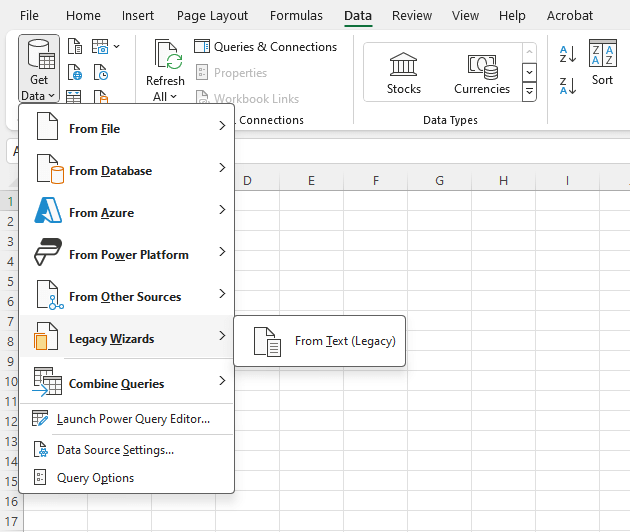 Menu de navigation supérieur d'Excel avec l'onglet 'Données' sélectionné. L'option 'Obtenir des données' est sélectionnée, permettant d'afficher le menu déroulant avec l'option 'Assistants hérités' et la sélection 'À partir d'un fichier texte (hérité)'.
