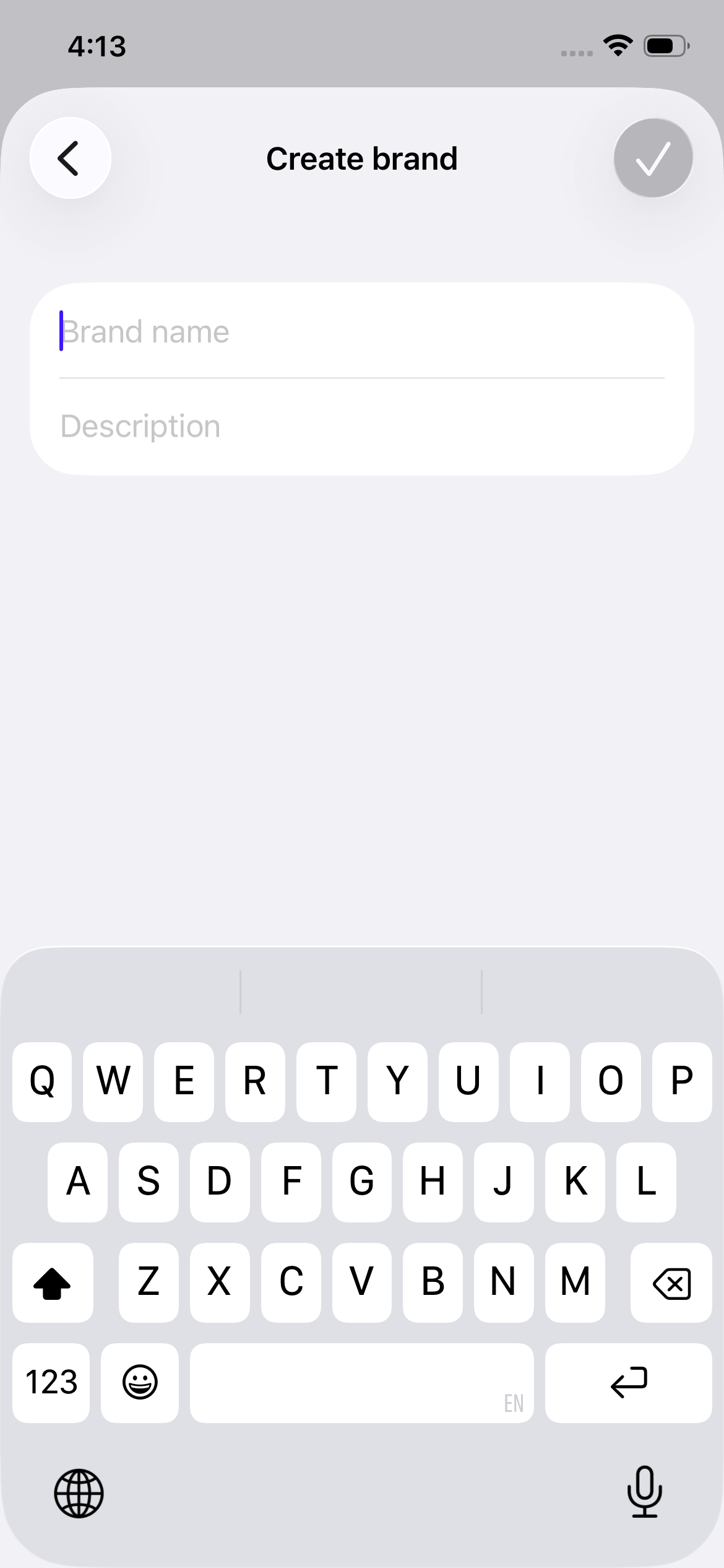 Add new brand screen showing Brand name and Description fields.