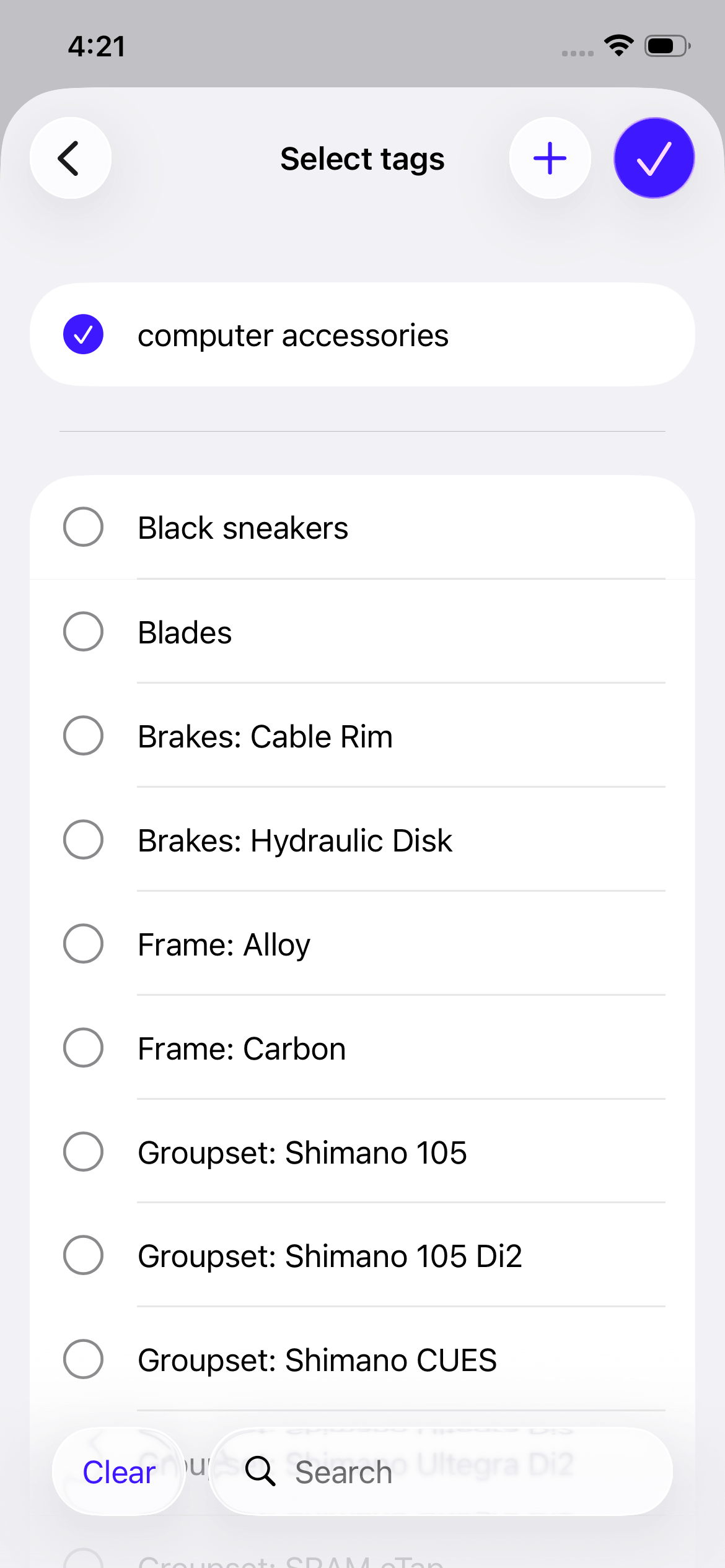 List of available tags with one tag selected.