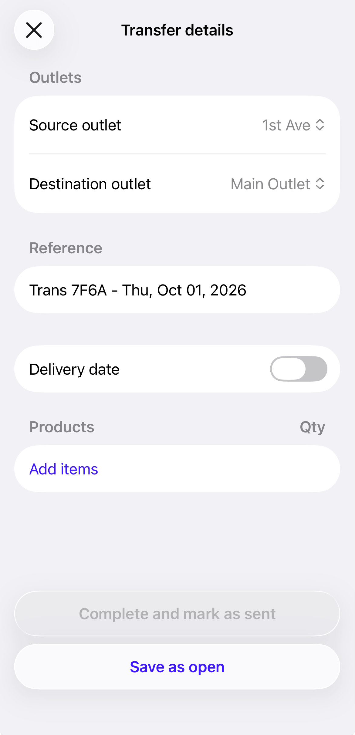 Transfer details page.