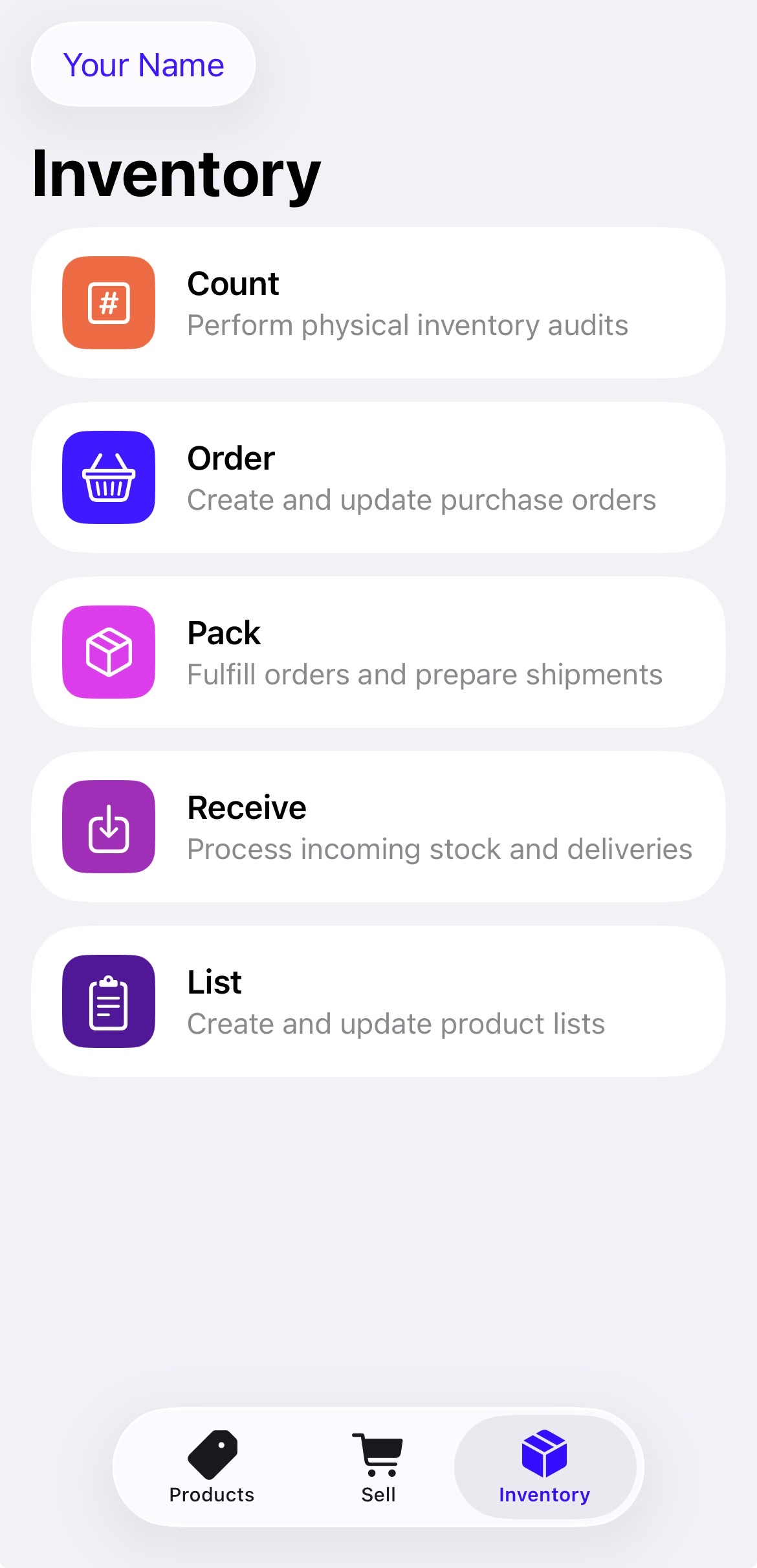 Inventory page showing Count, Order, Pack, Receive, and List options.
