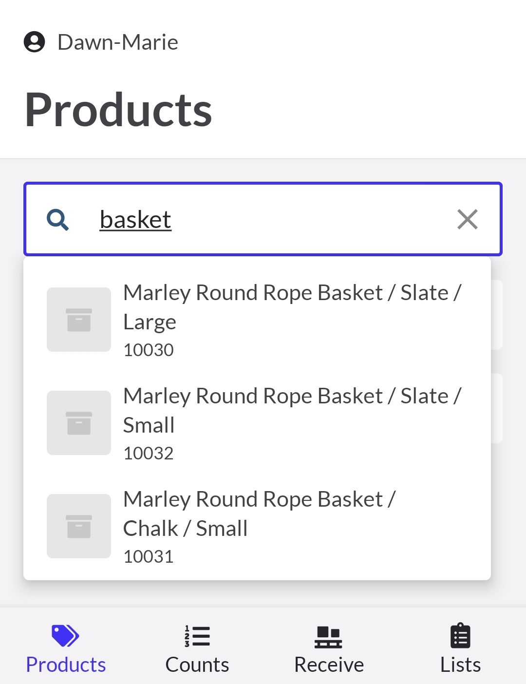 Products page with a product keyword entered in the search bar.