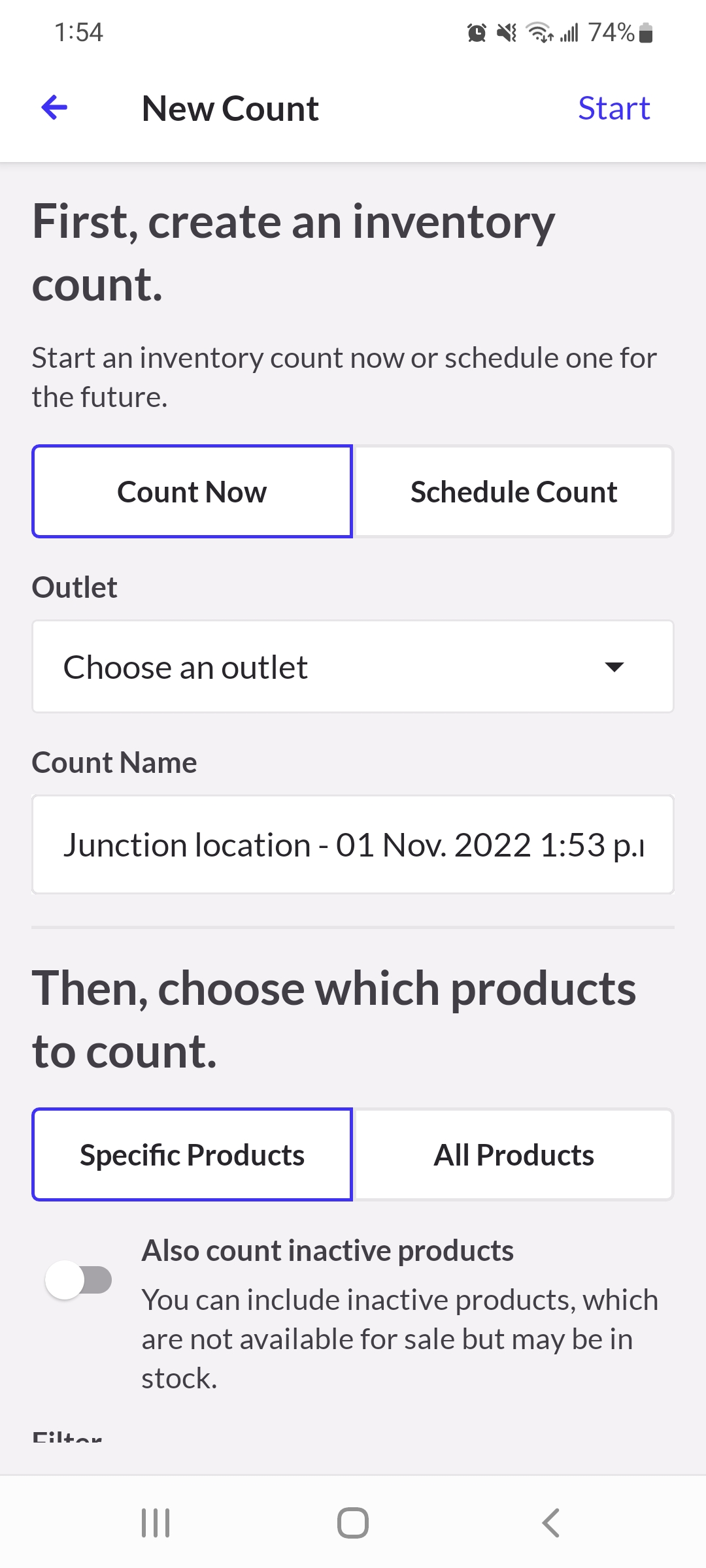 New count page with options to count now or later, location, and whether to do a partial count or full count.