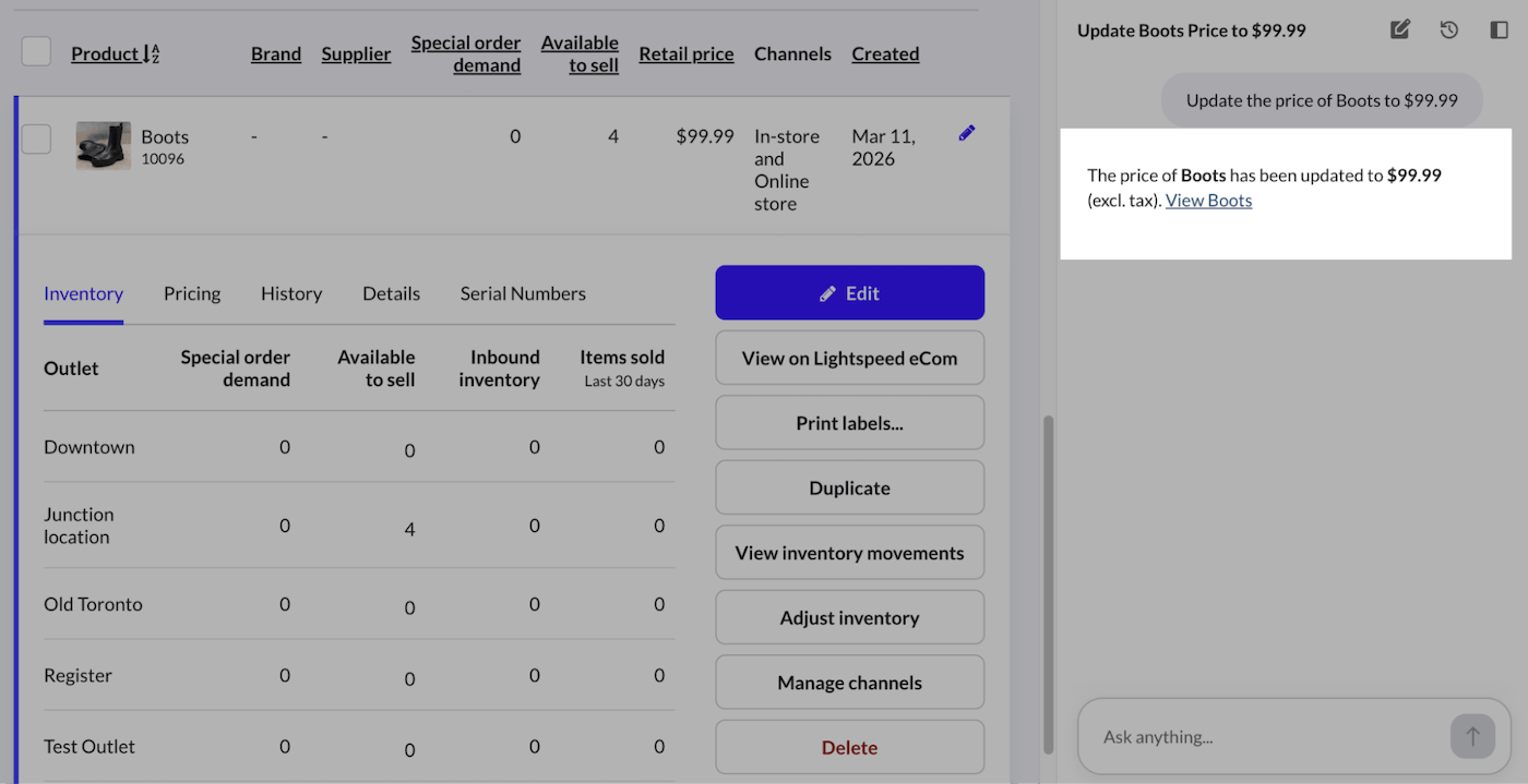 Lightspeed AI chat window showing a View product link and the updated product page information to the left.