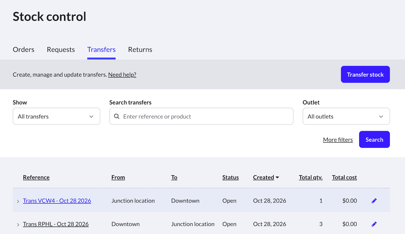 Transfers tab on the Stock control page.