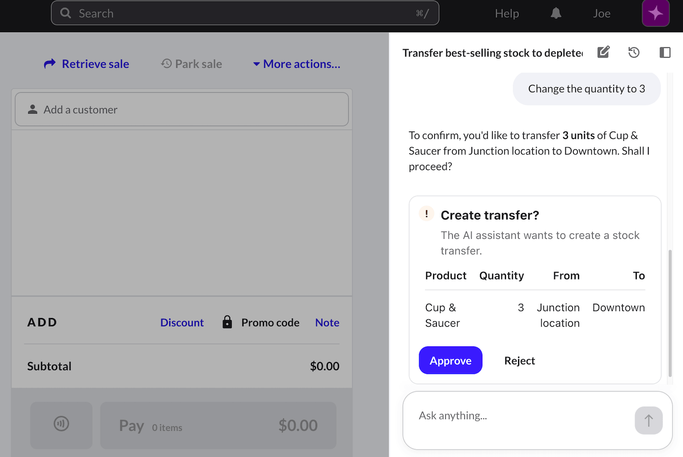 Lightspeed AI chat window showing an Approve button.