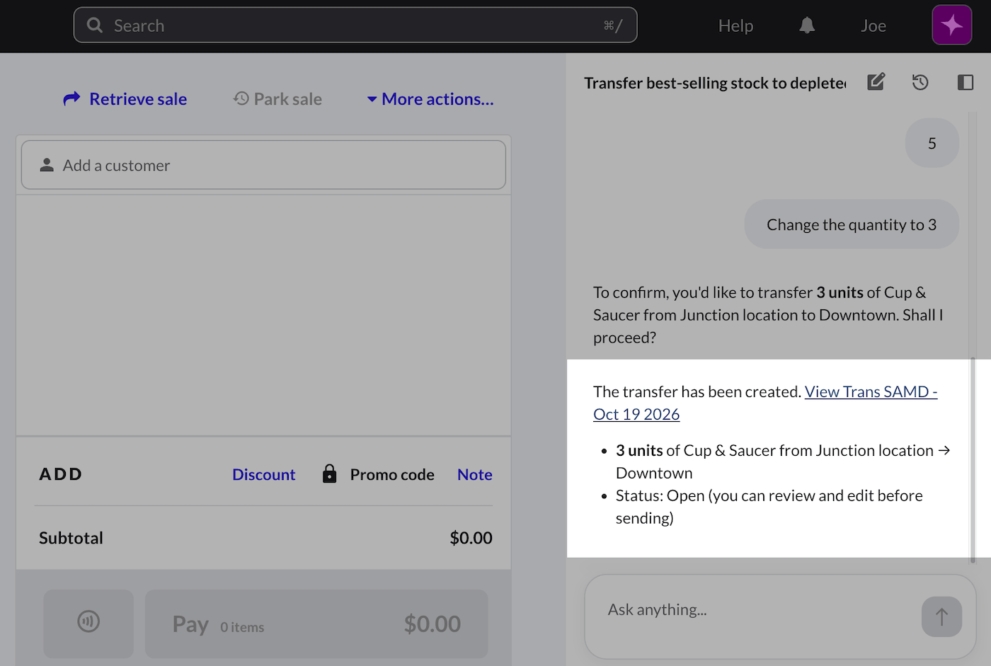 Lightspeed AI chat window showing a View transfer link.