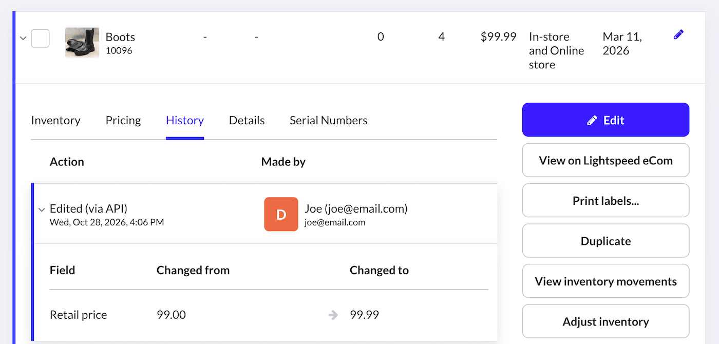 Expanded product row with open History tab.