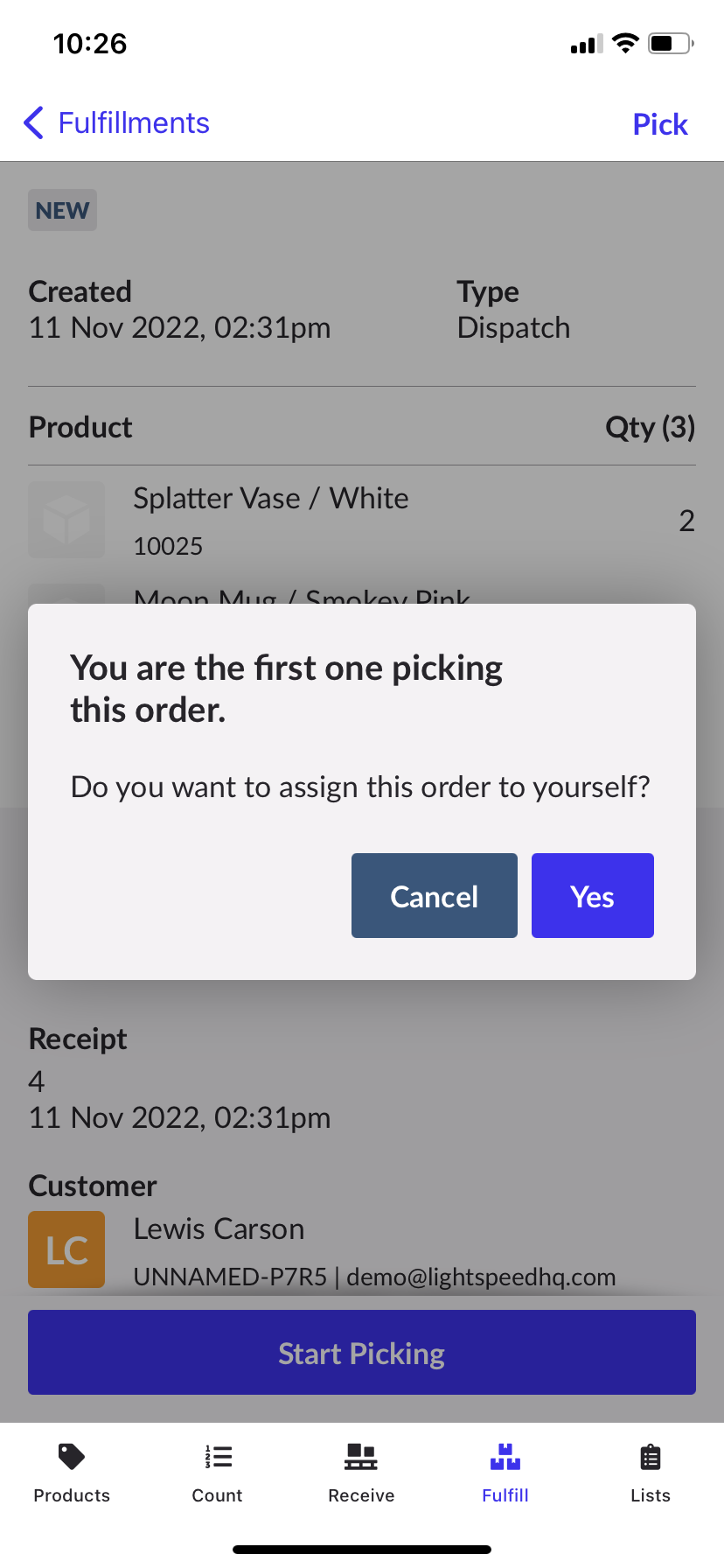 Pop up box to assign the fulfillment. Options to select yes or cancel.