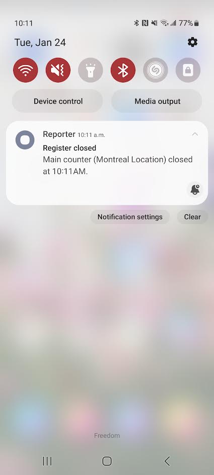 Notification for register closing on Android.