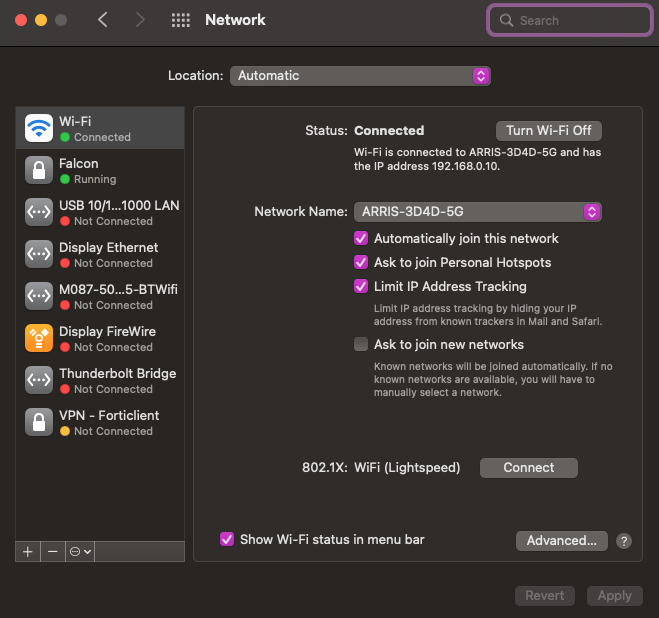 Network section under System Preferences on MacOS