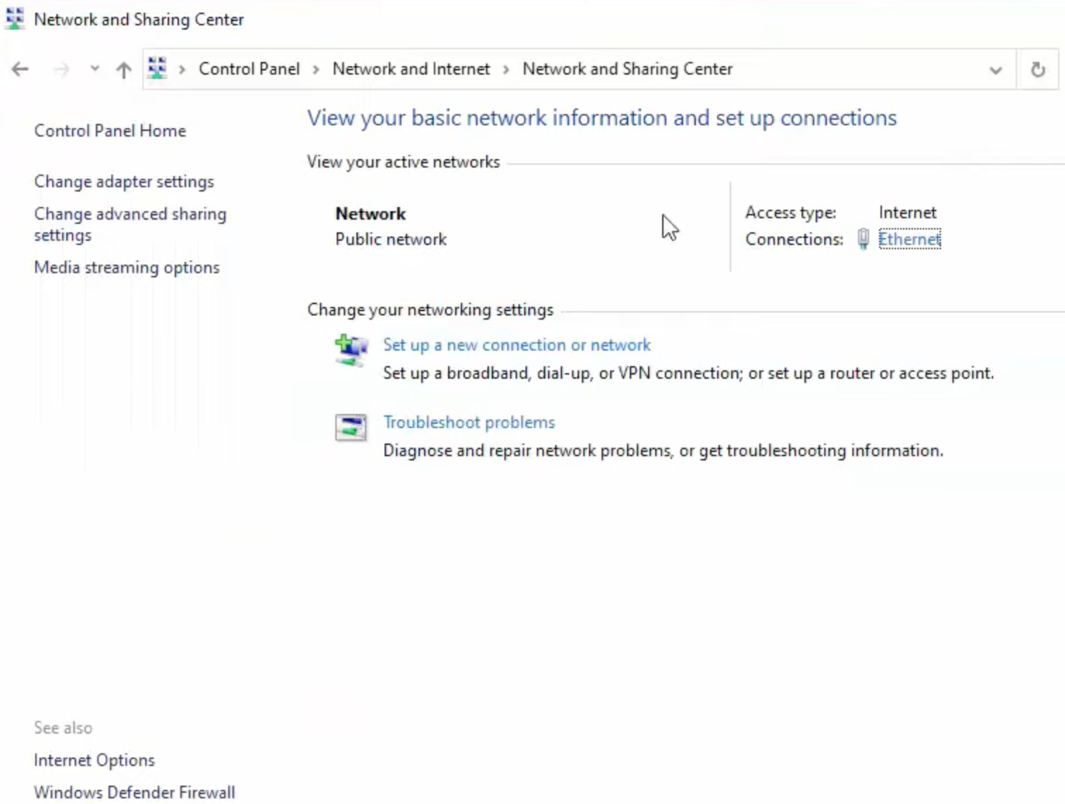 Network and Sharing Center with Change adapter settings option on Windows