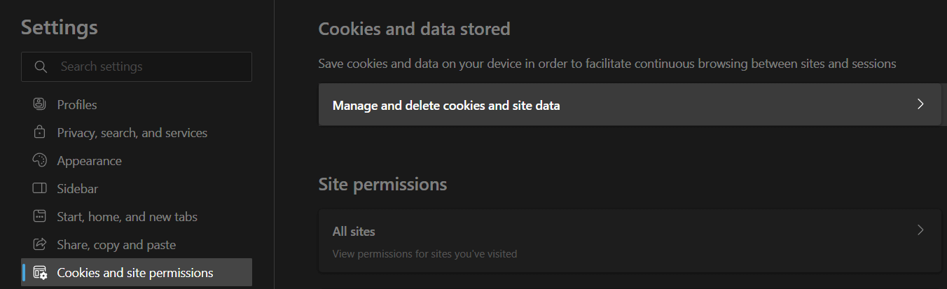 Cookies and site permissions, manage cookies and site data