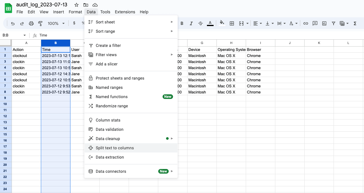 Google sheets page with split text to columns option highlighted.