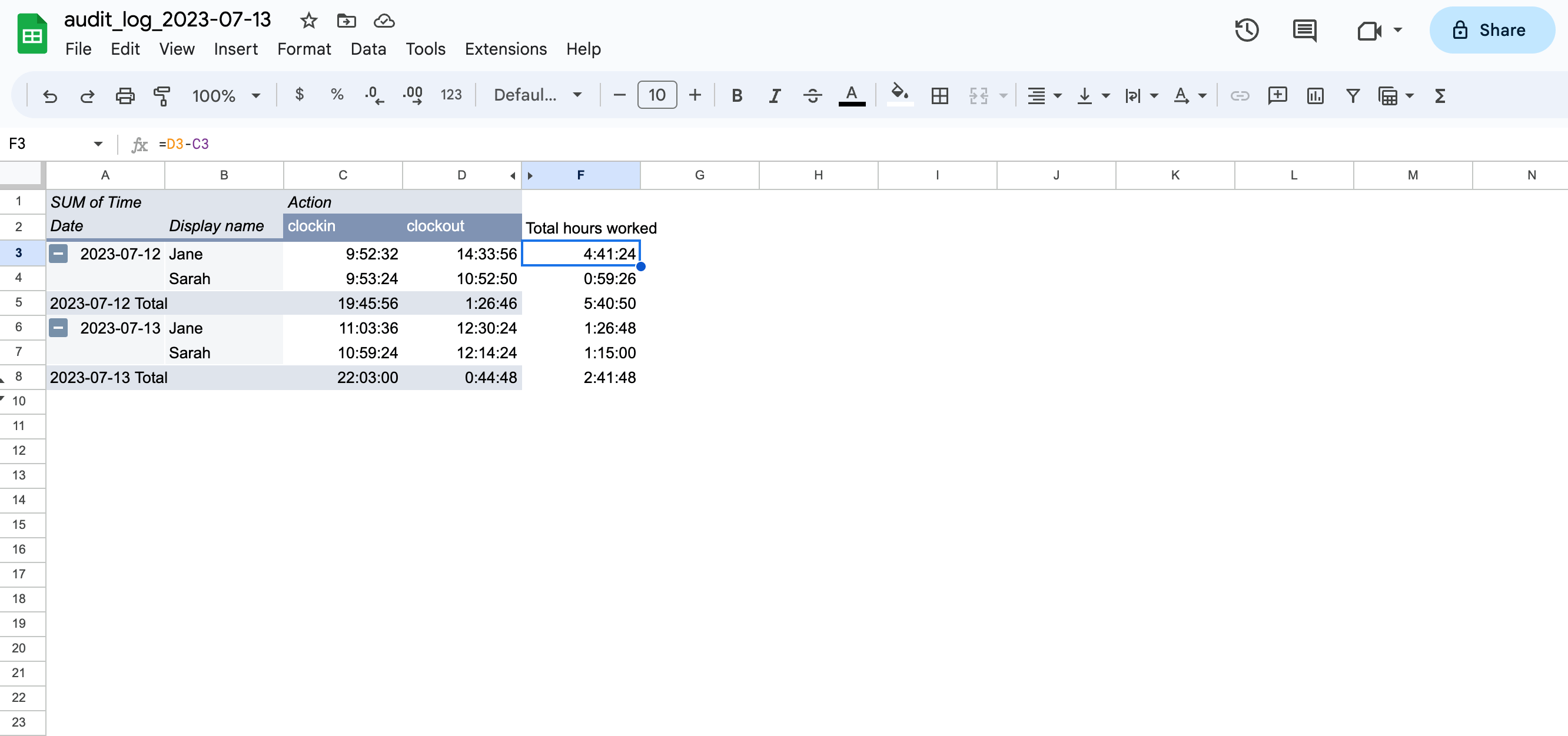 Page Google Sheet contenant la formule de calcul du nombre total d’heures travaillées.