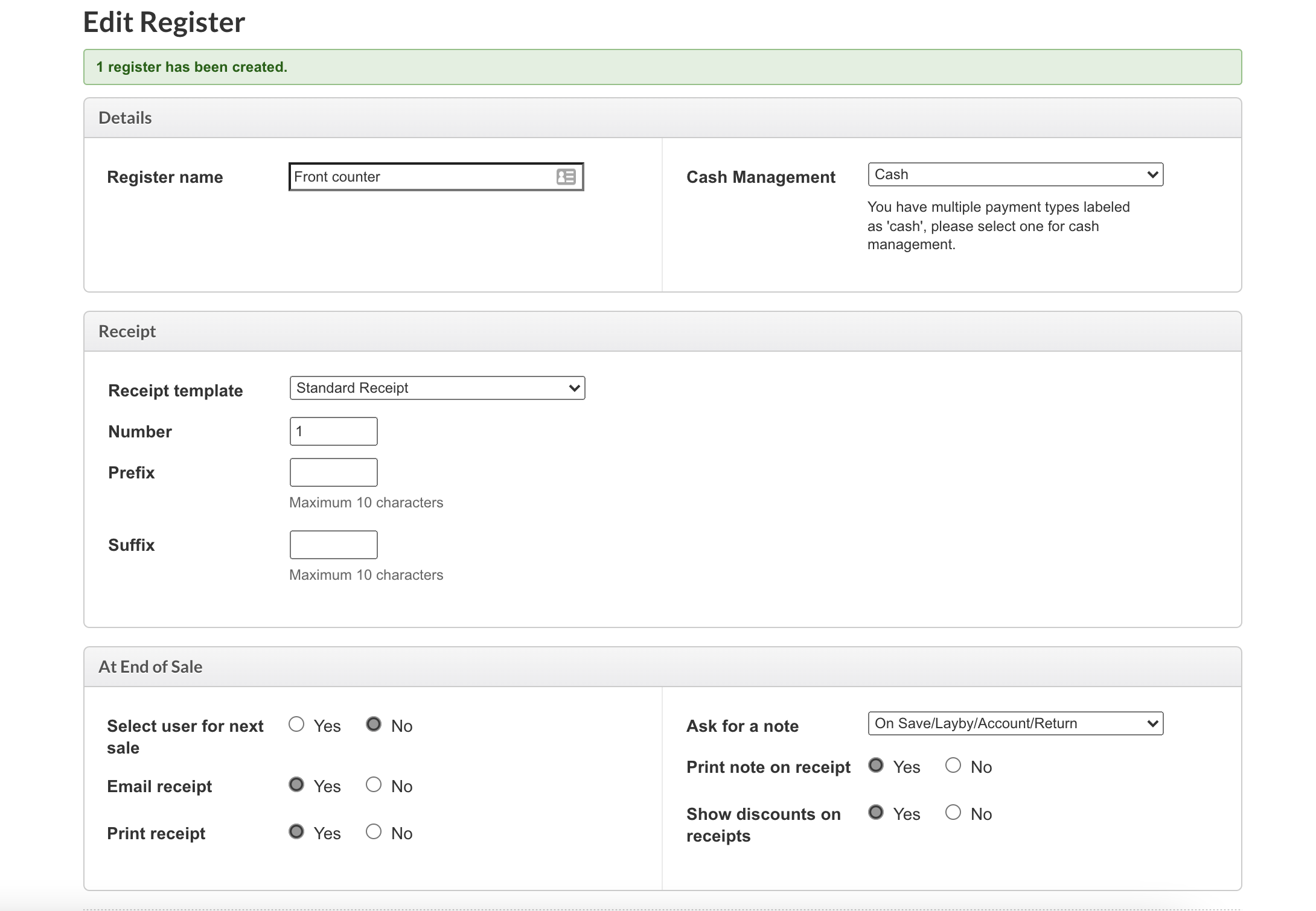 The register setup page showing the Edit Register input fields to fill.