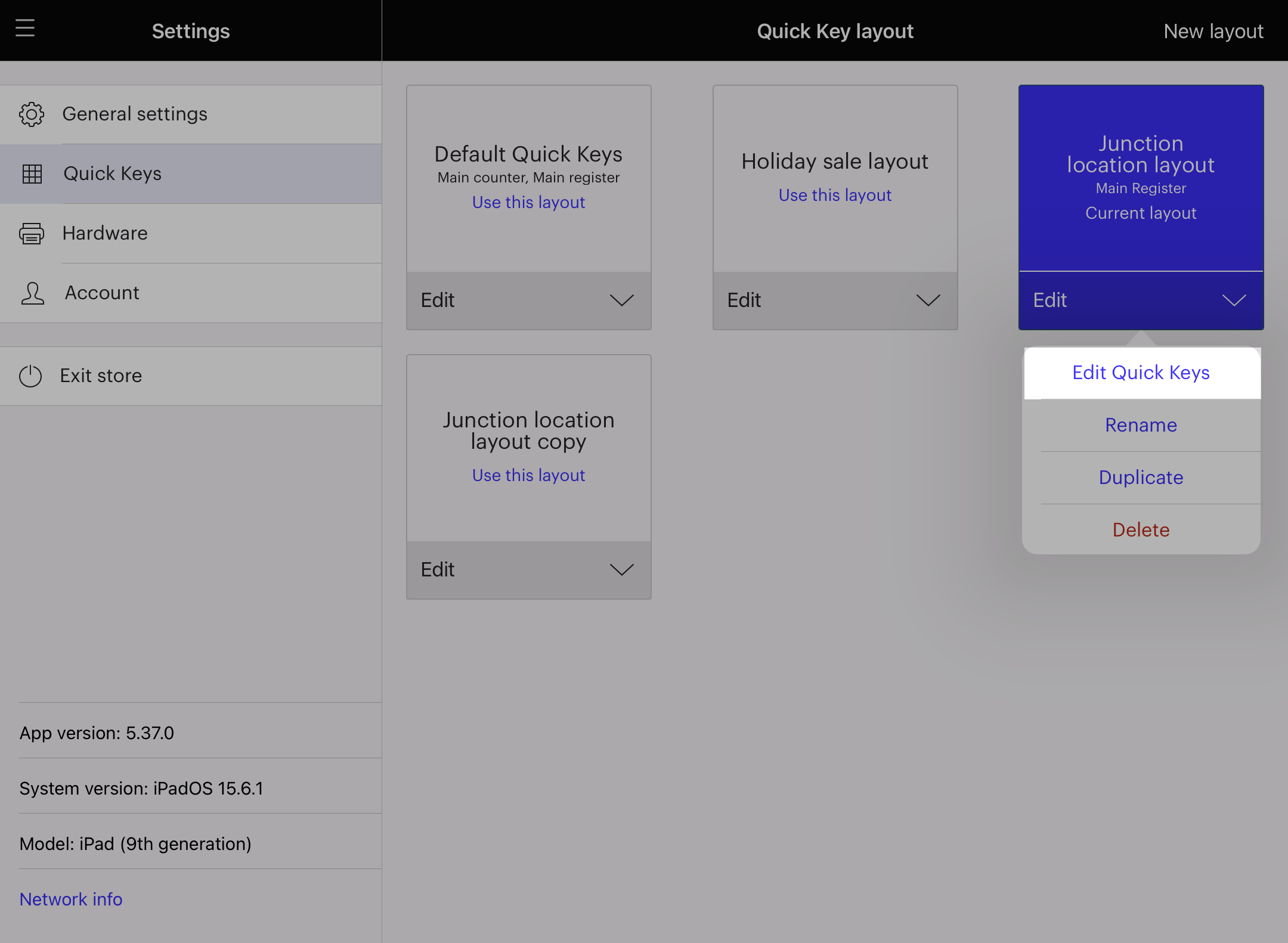 iPad edit quick key layout option highlighted.