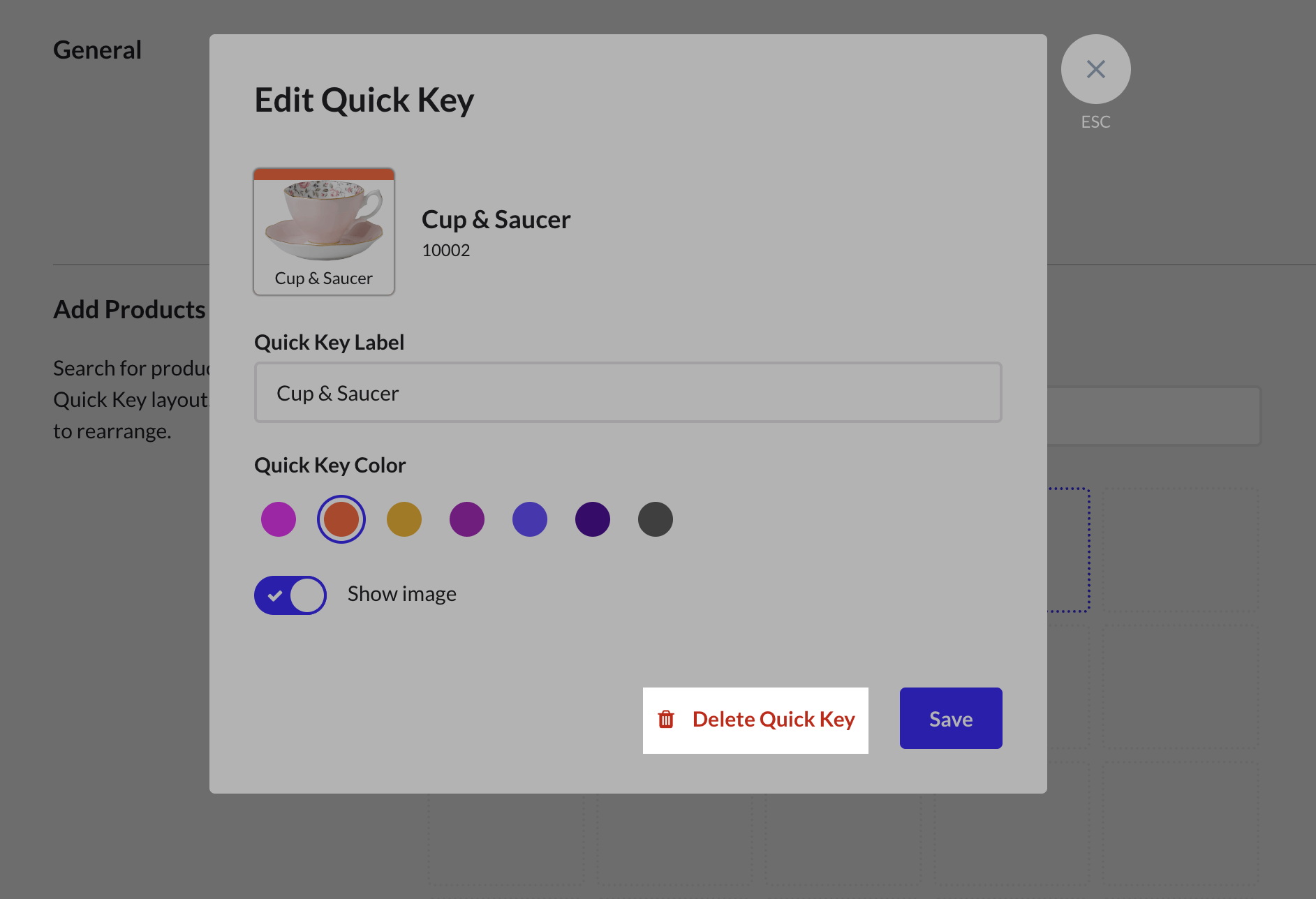 Edit quick keys pop up with delete quick key button highlighted