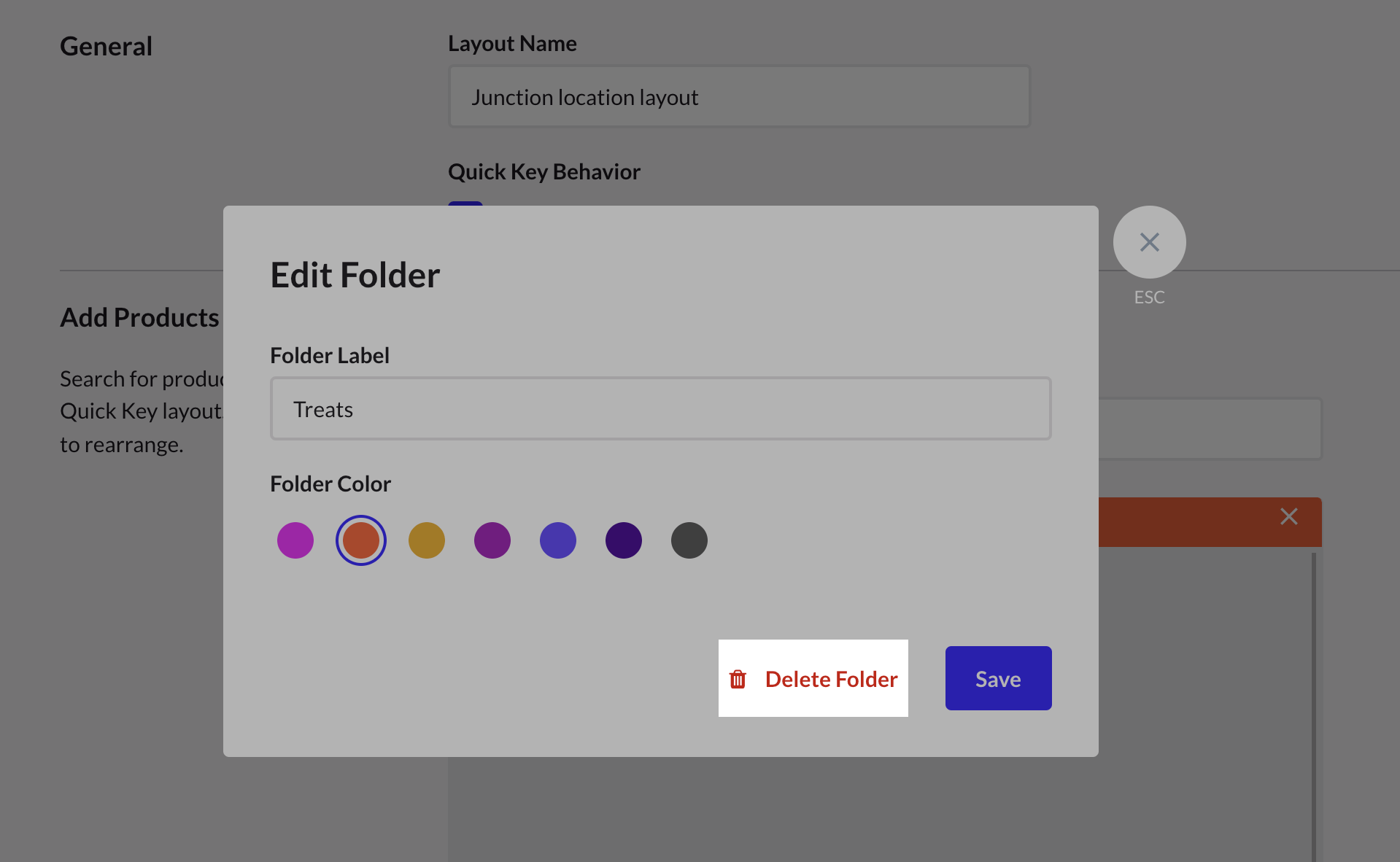 Edit folder pop up with delete folder button highlighted.