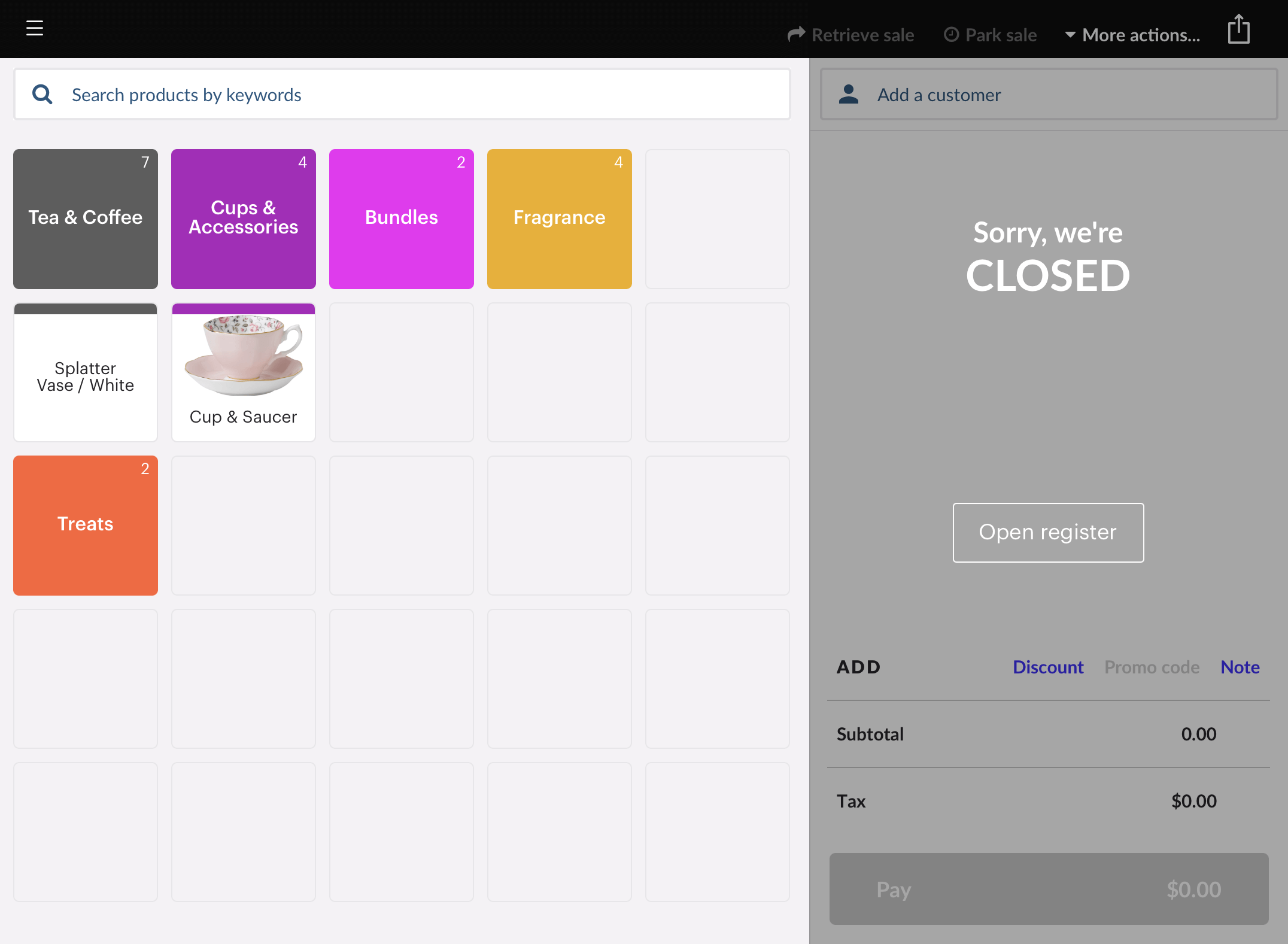 Sell screen with register closed. Open register button displayed.