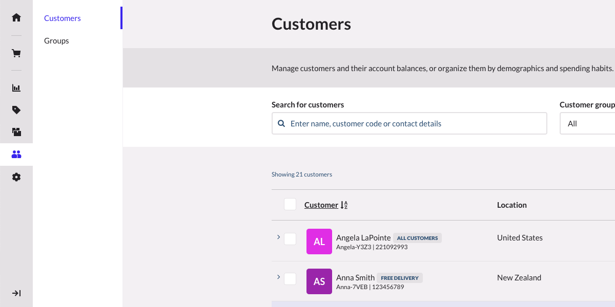 The main menu customers category displaying the customers page and secondary menu options