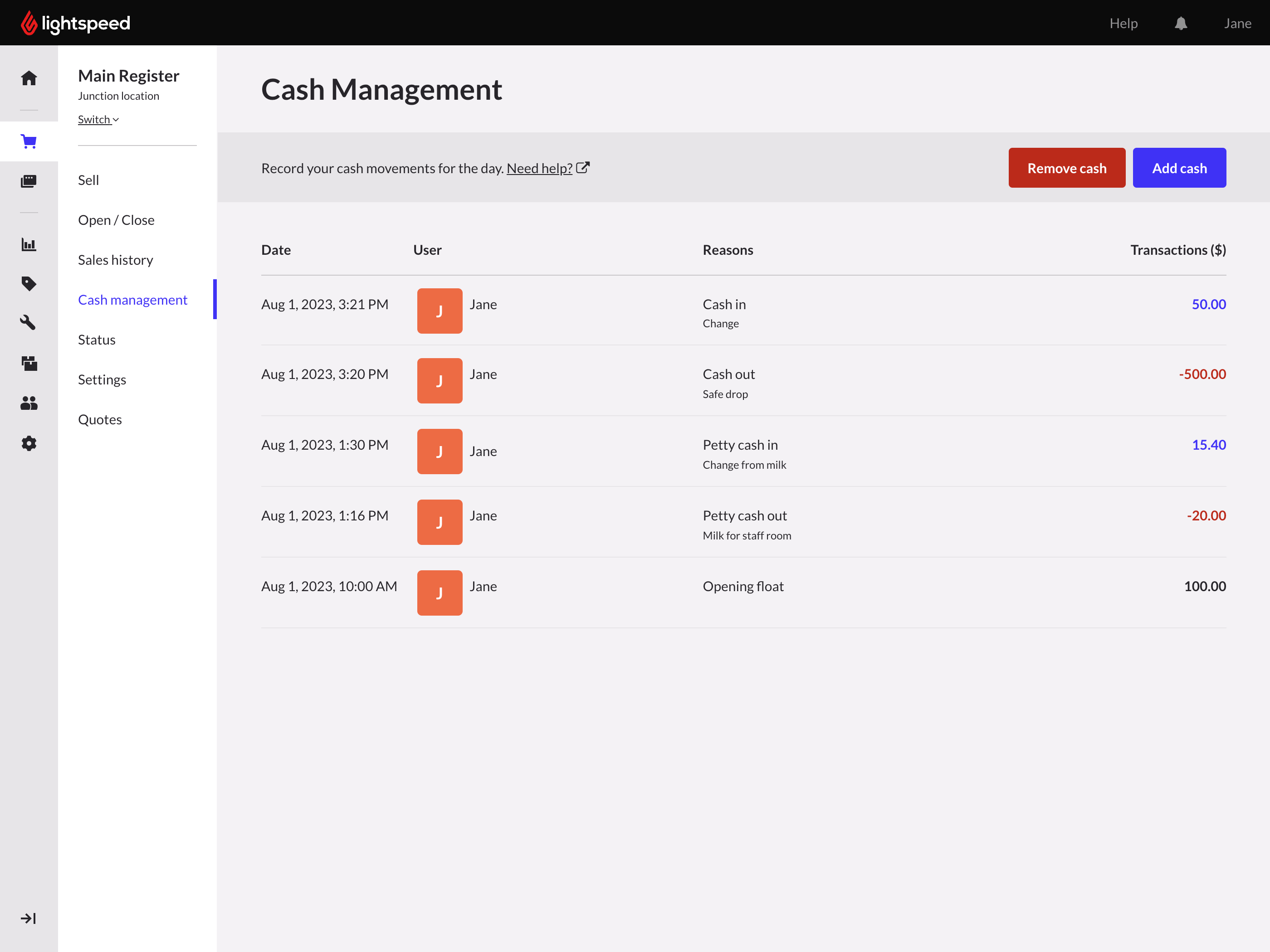 Cash management page with remove cash and add cash buttons and a record of cash movements for the day.