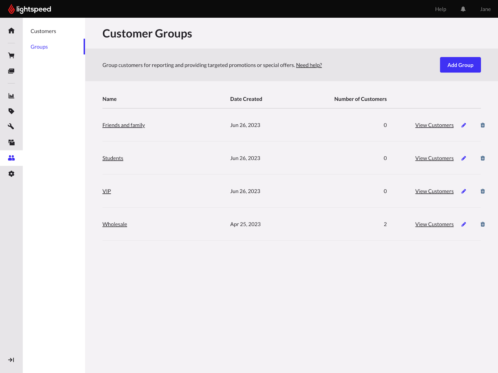 The Customer Groups page in Retail POS