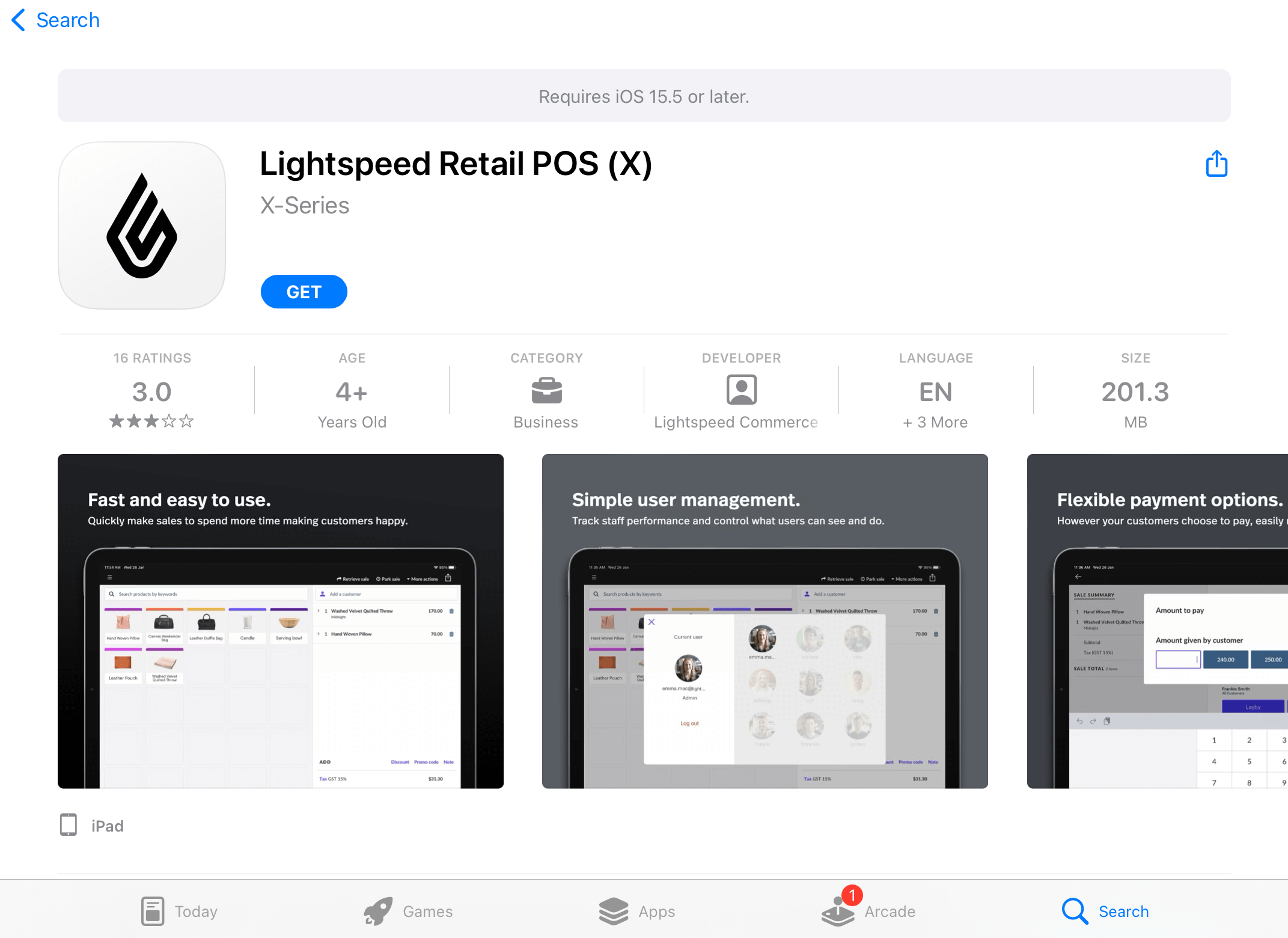 The Ligtspeed Retail POS (X) app on the Apple App store