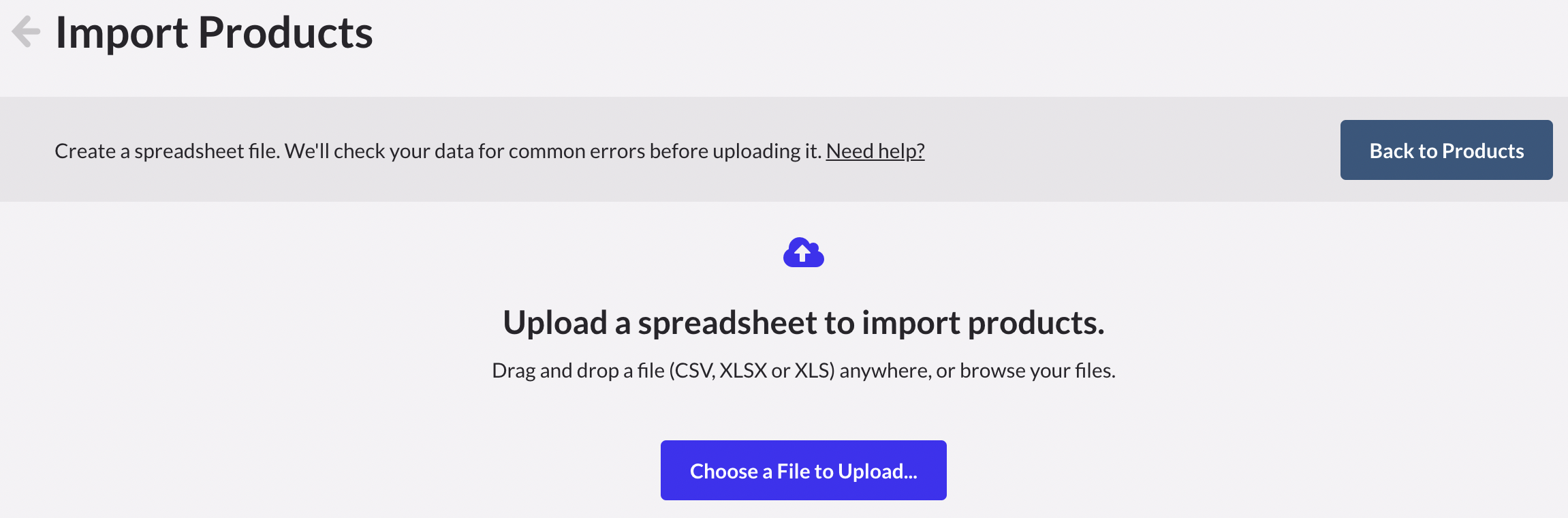 Import Products page showing the Upload a spreadsheet to import products uploading area and button.