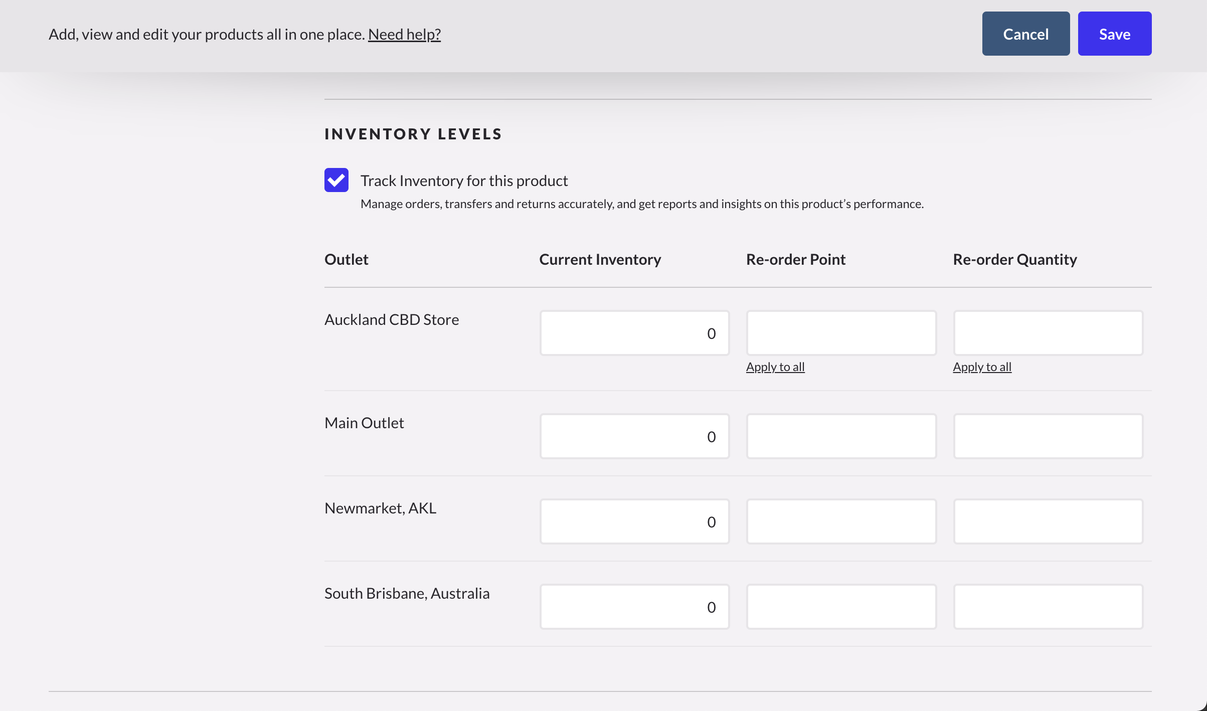 Add Product Inventory Levels page with input fields.