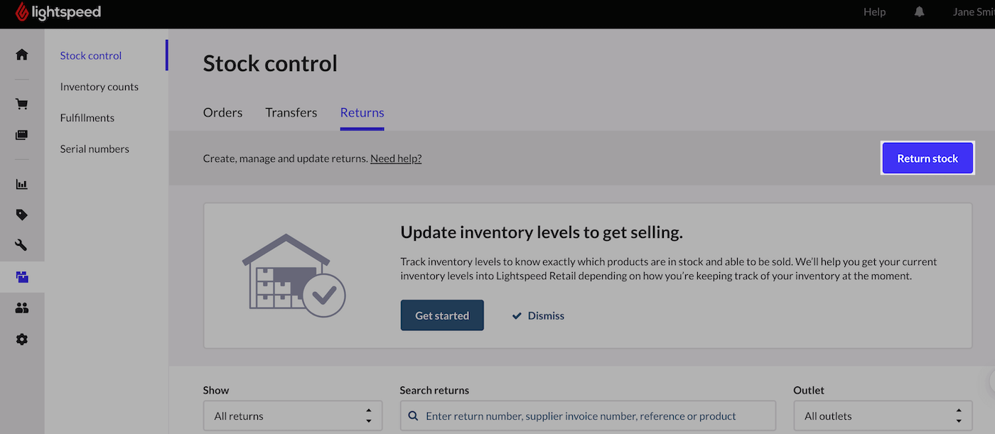 Stock control page with Return Stock button highlighted