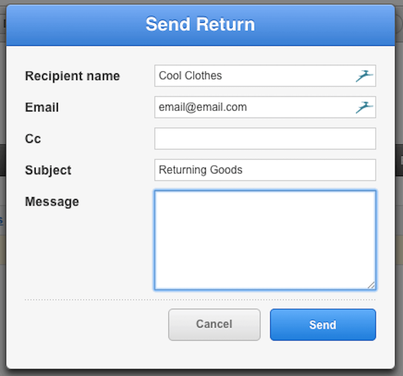 Send return window with example info
