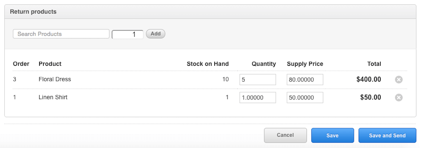 Return products window with example products and quantities