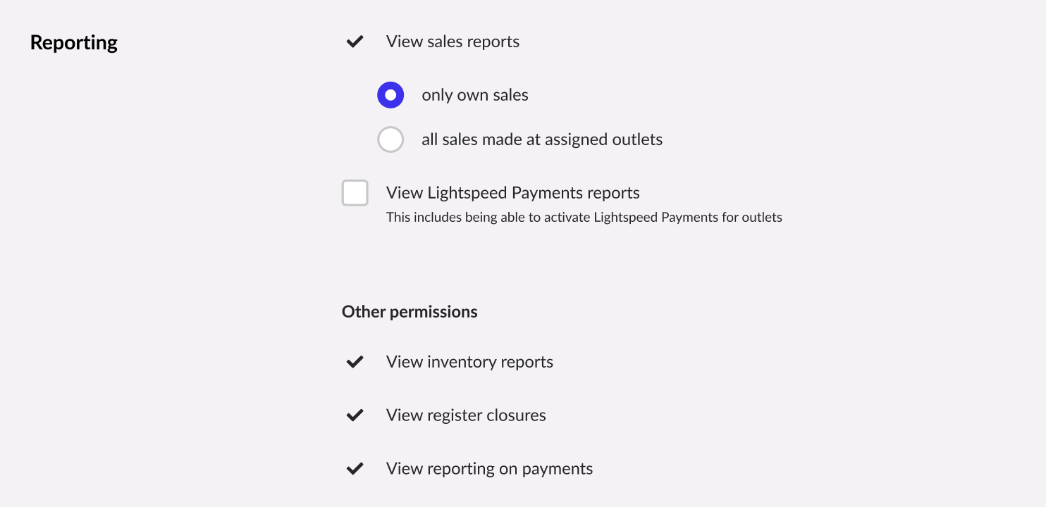 The Reporting section showing the view sales reports and view Lightspeed Payments reports options.
