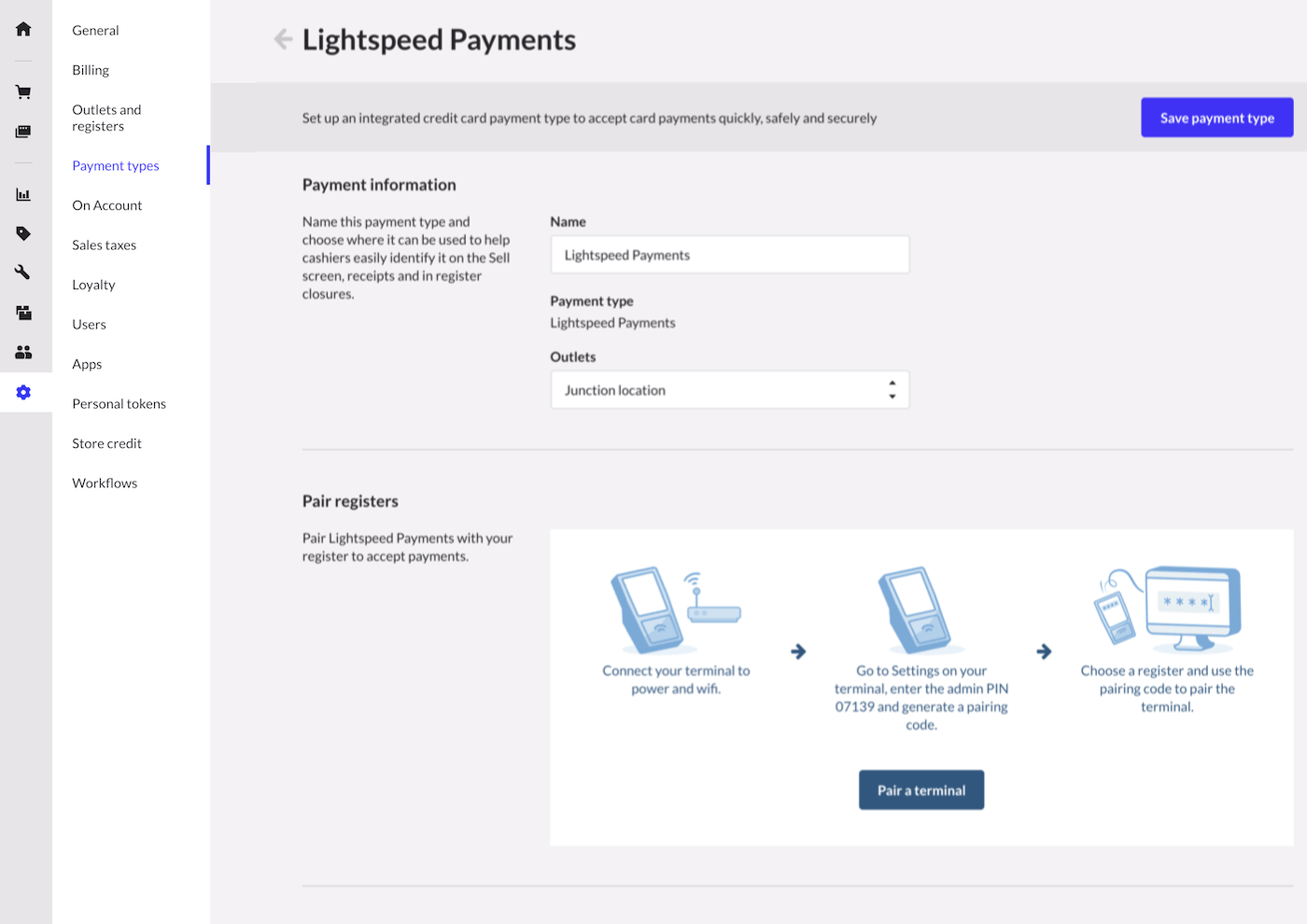 Customize the Lightspeed Payments payment type in the Payments types section.