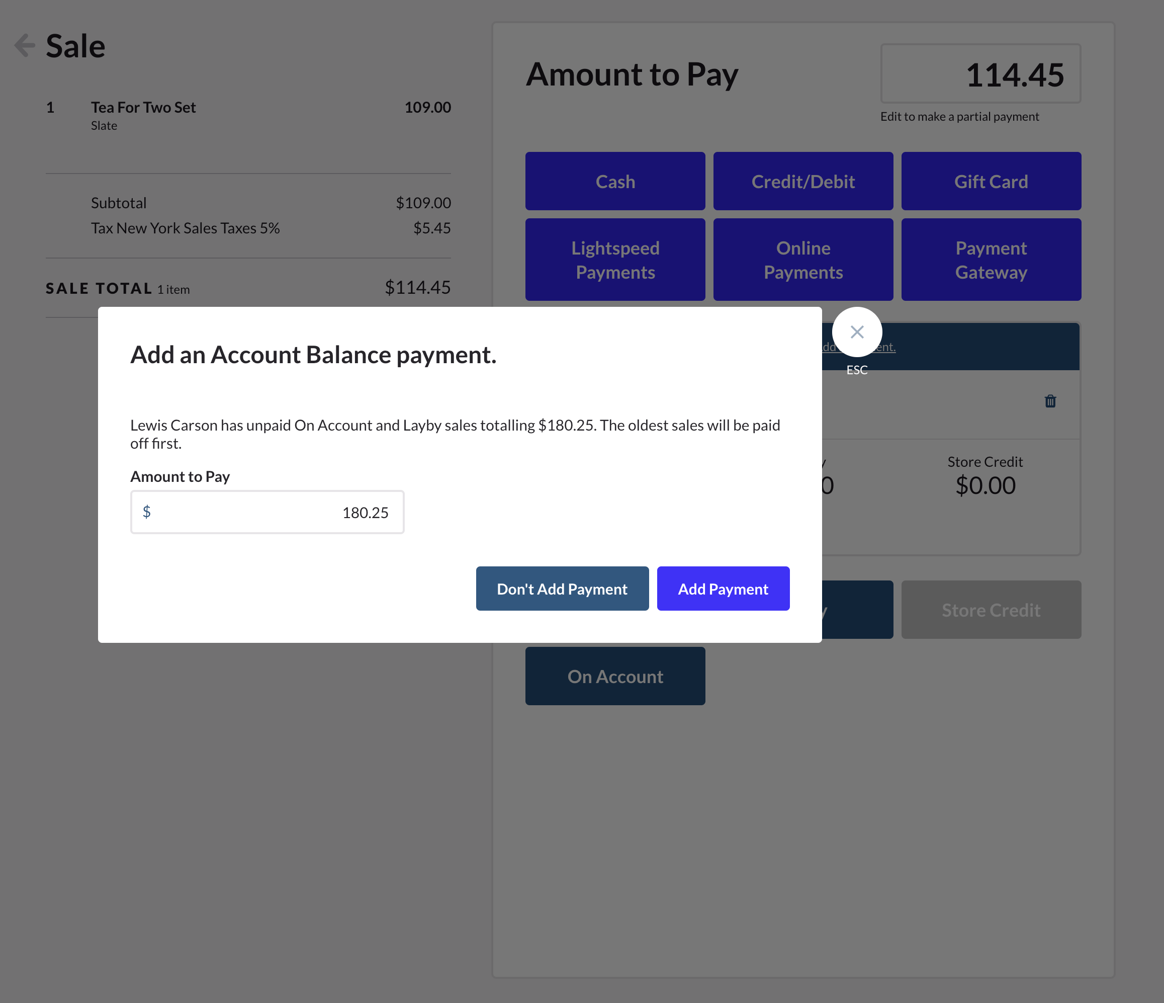 Add an account balance payment modal with amount to pay field.
