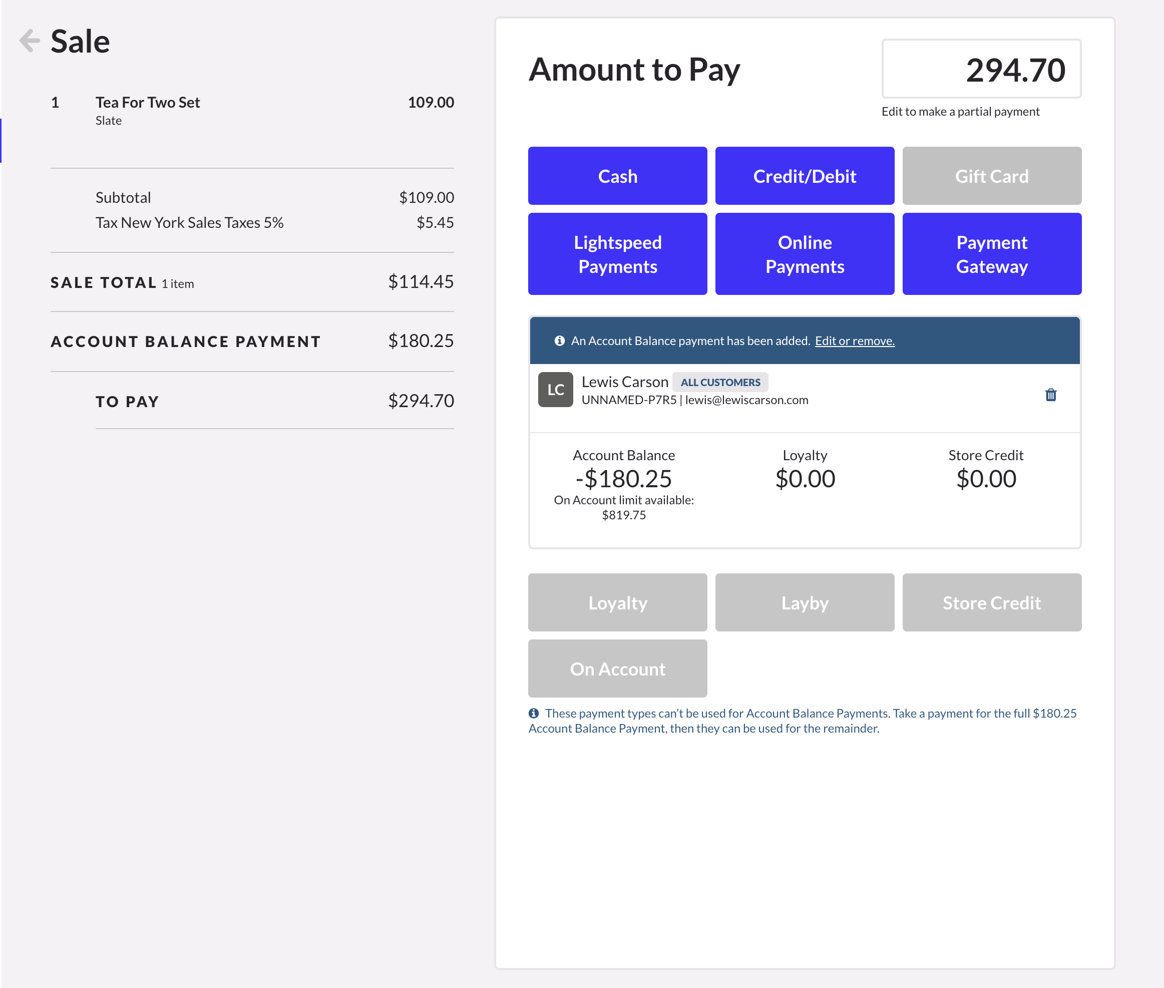 The sale screen with the current sale and the on account payment added together to create teh total sale.
