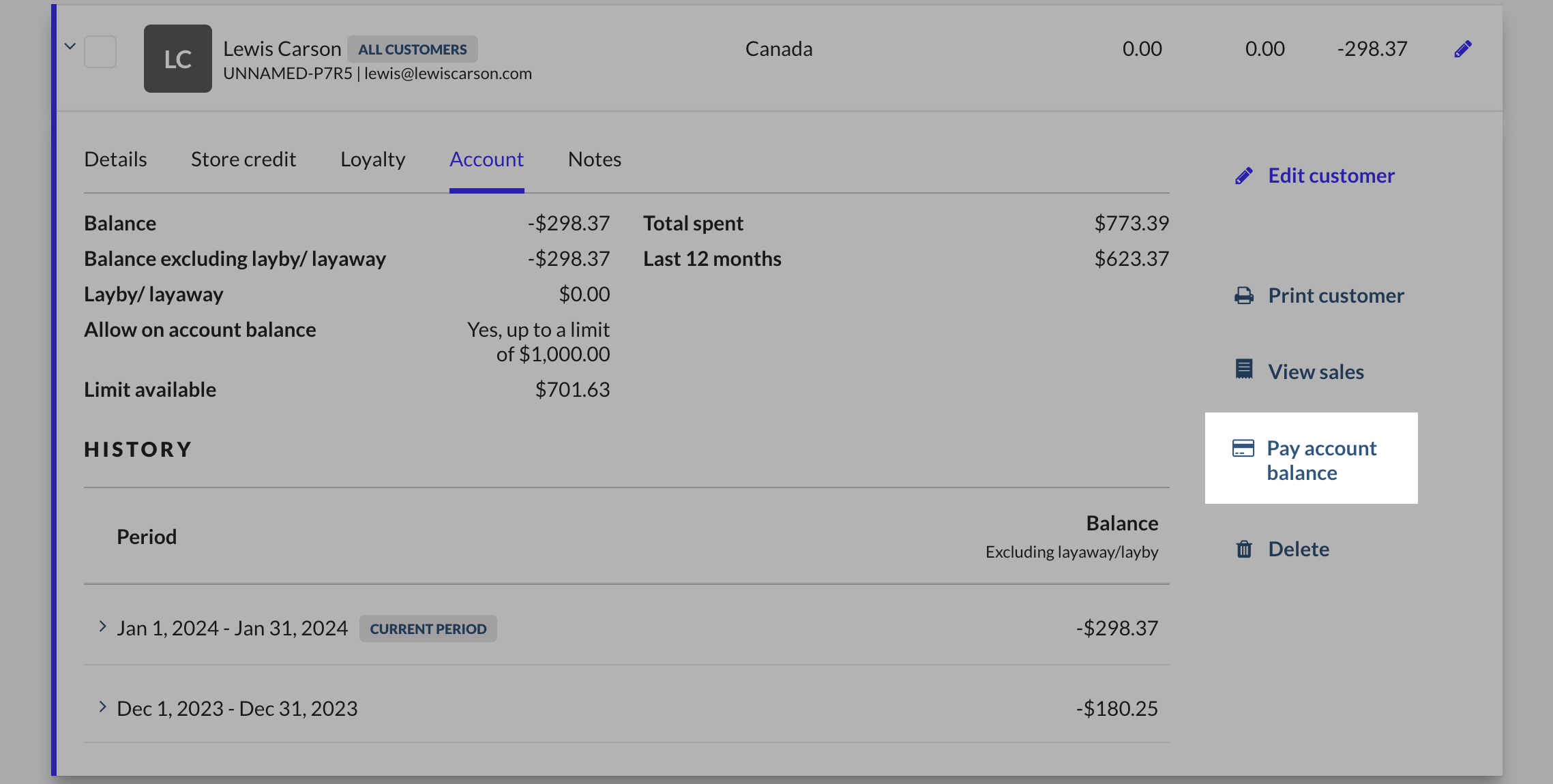Pay account balance button highlighted.