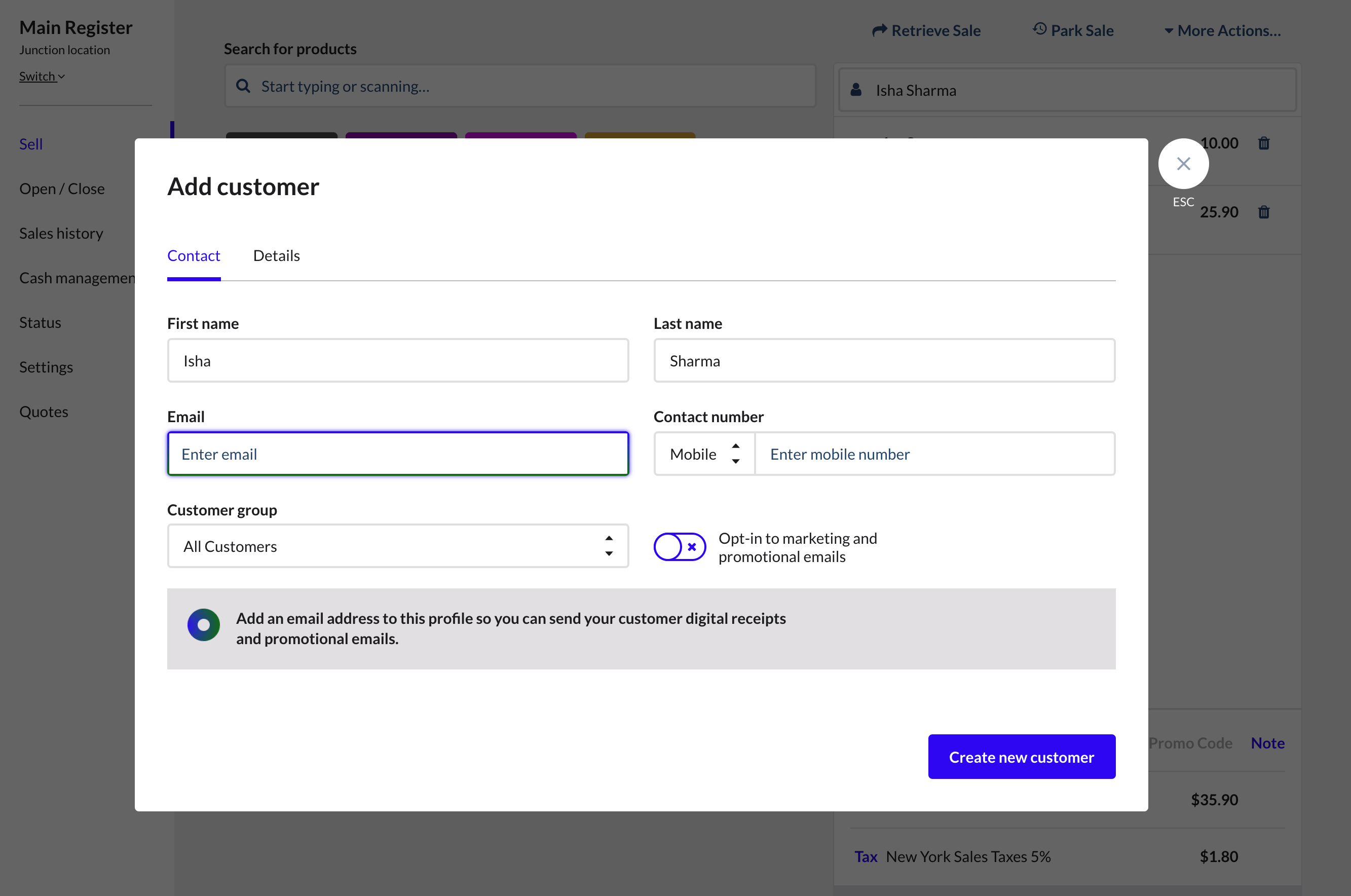 Add new customer dialogue box with fields for entering customer information.