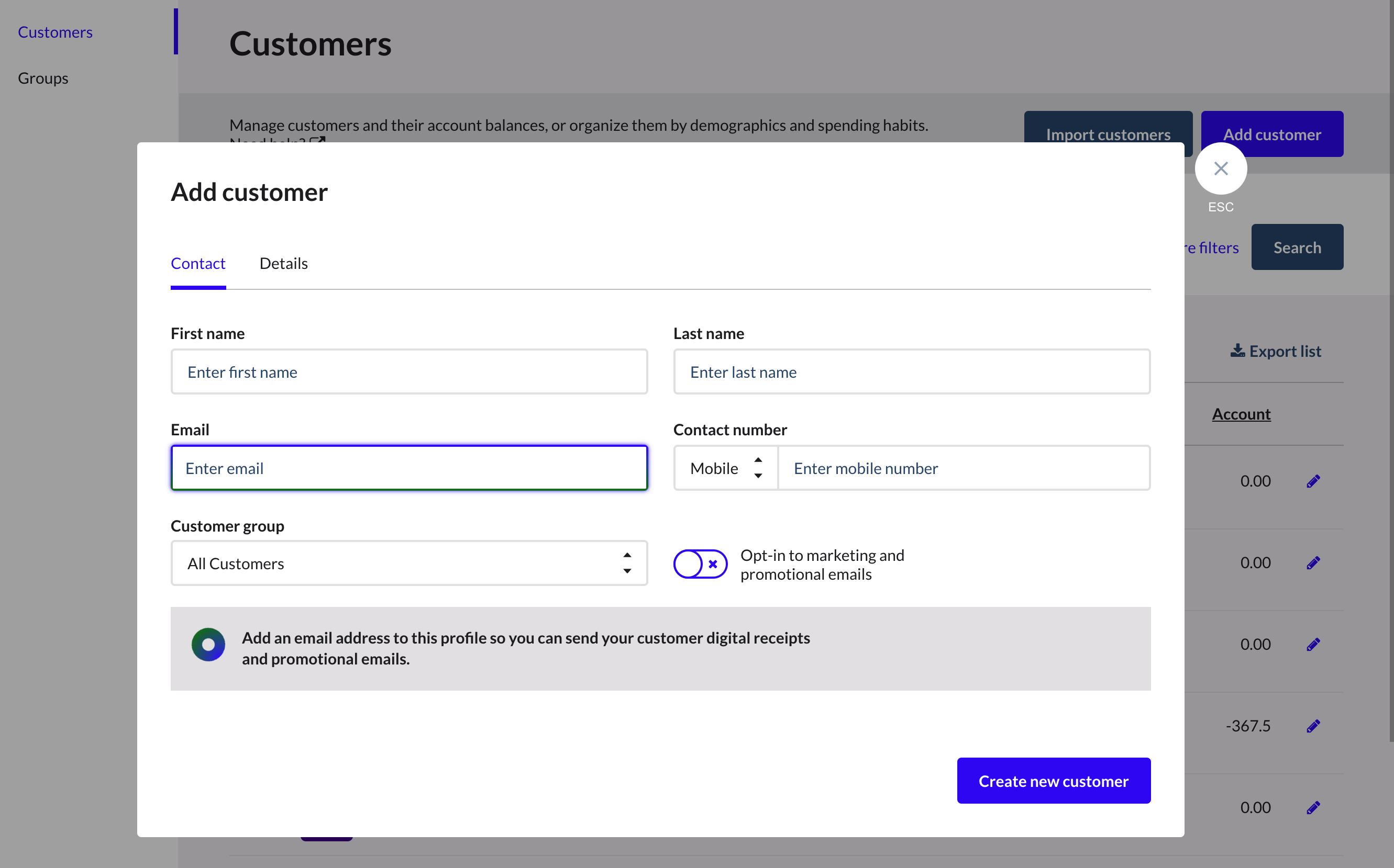 Add new customer dialogue box with fields for entering customer information.