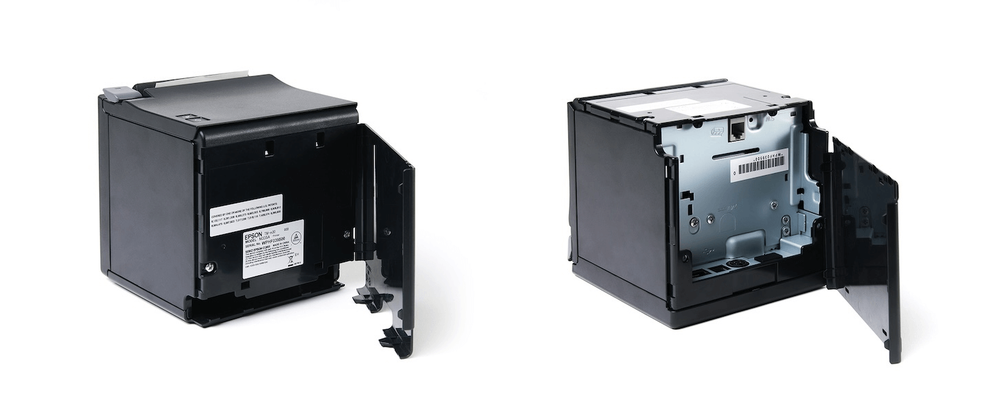 Front and back views of the printer, with covers removed.