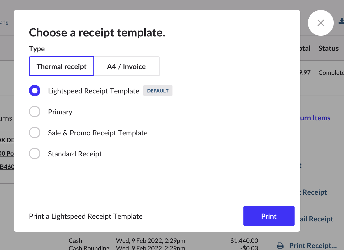 Pop-up asking to Choose a receipt template and Print the receipt.
