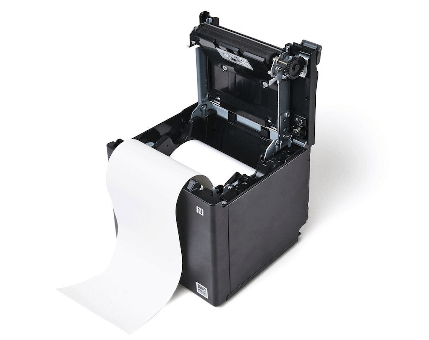 Printer with cover open and paper roll inserted so that it unrolls from the bottom, towards the user.