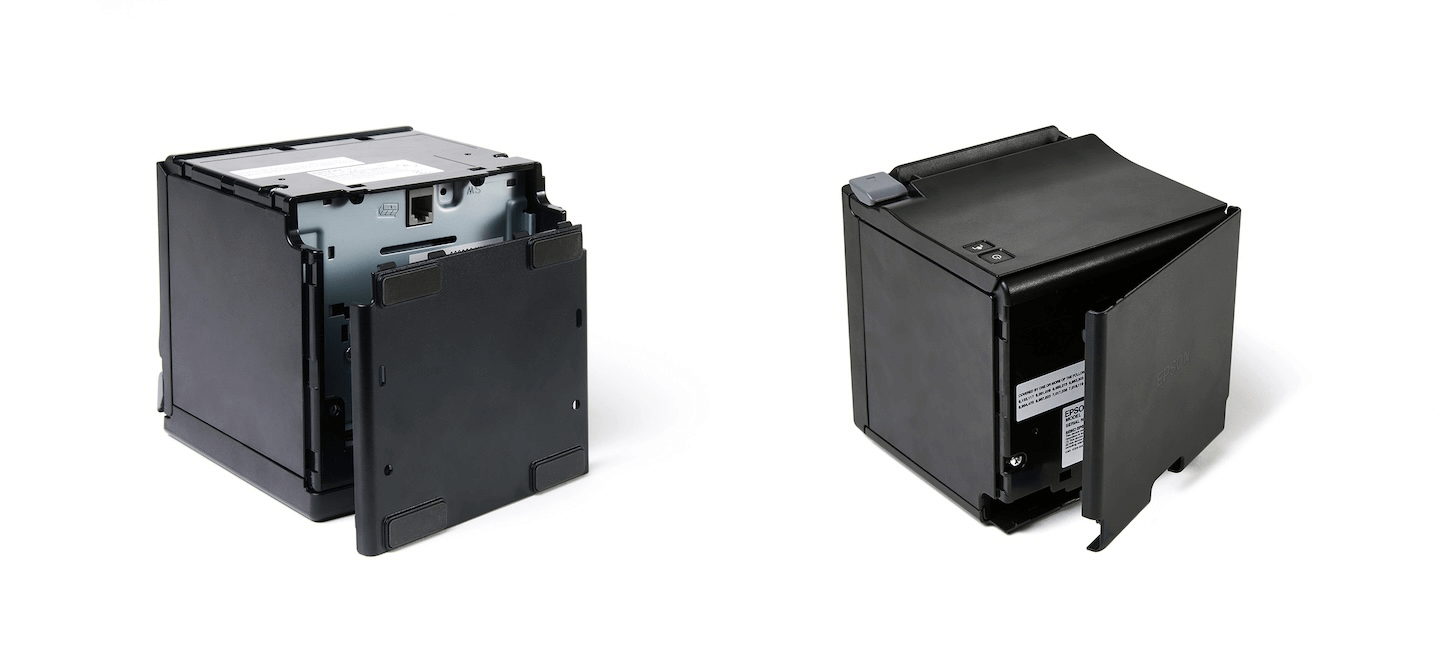 Front and back views of the printer, with covers being reattached.